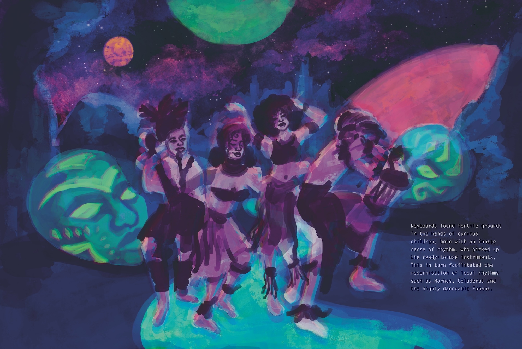 Vibrant space scene with dancing figures in purple and pink against dark blue background with green and pink planetary spheres.