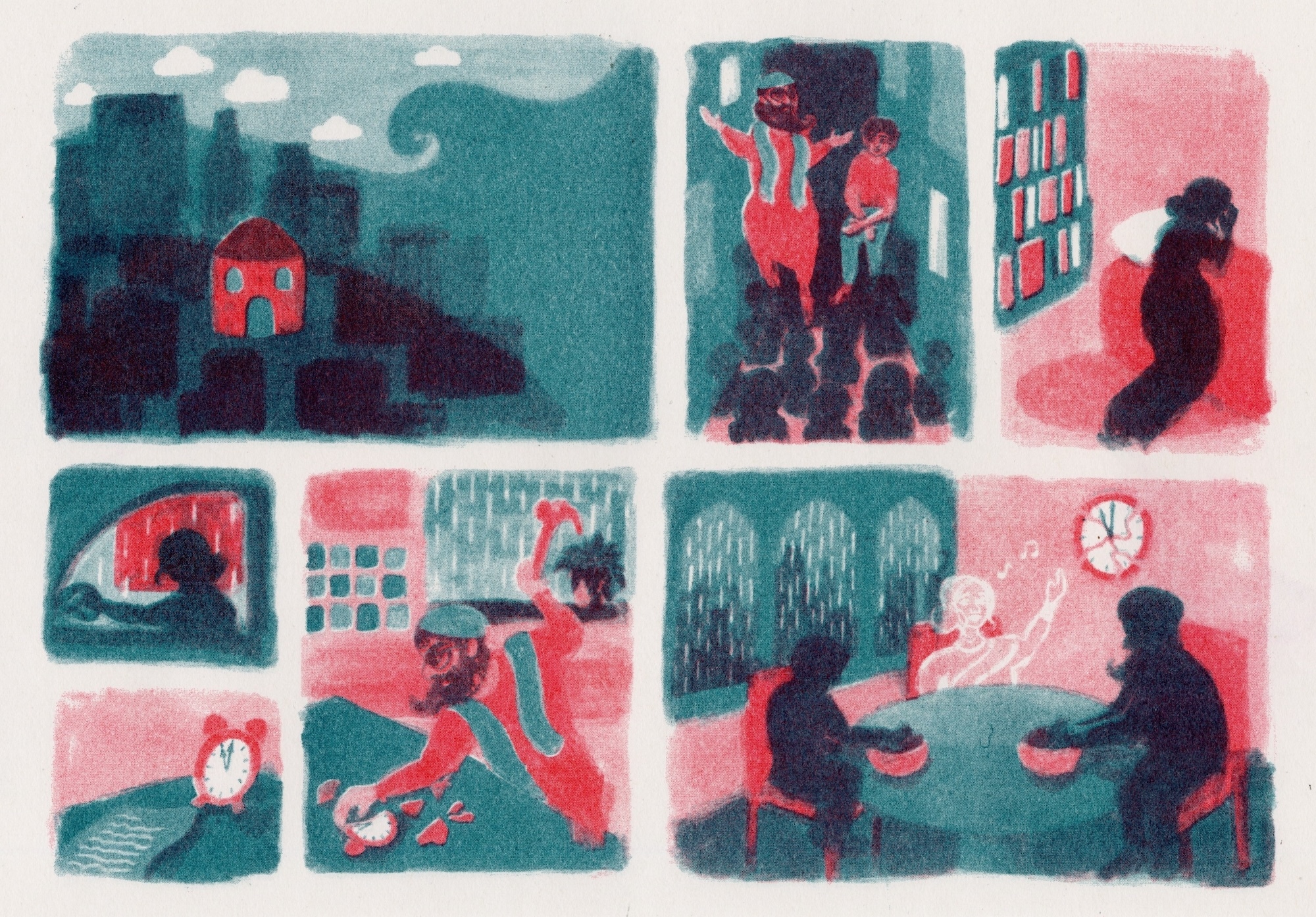 Illustration with eight panels in teal, pink, and black. Shows silhouetted figures, buildings, bookshelves, and domestic scenes arranged in comic-style grid format.