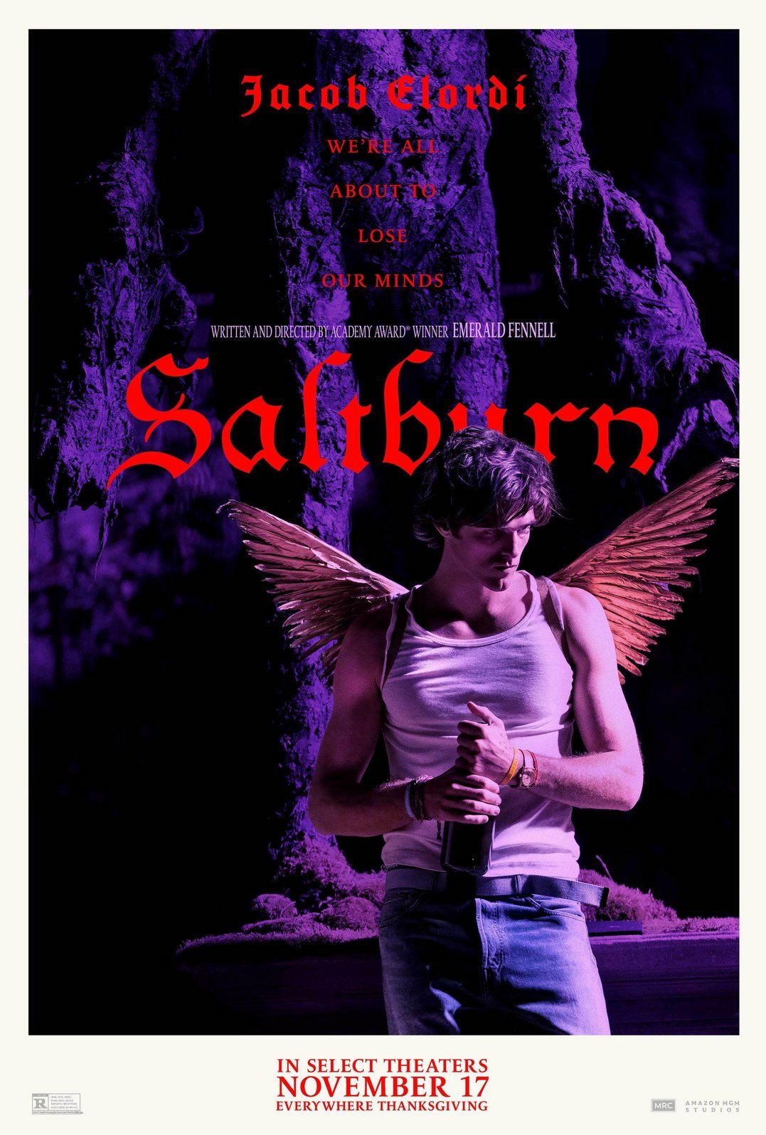 A white-bordered poster for Saltburn, with the title in red text and actor Jacob Elordi with angel wings in purple light.
