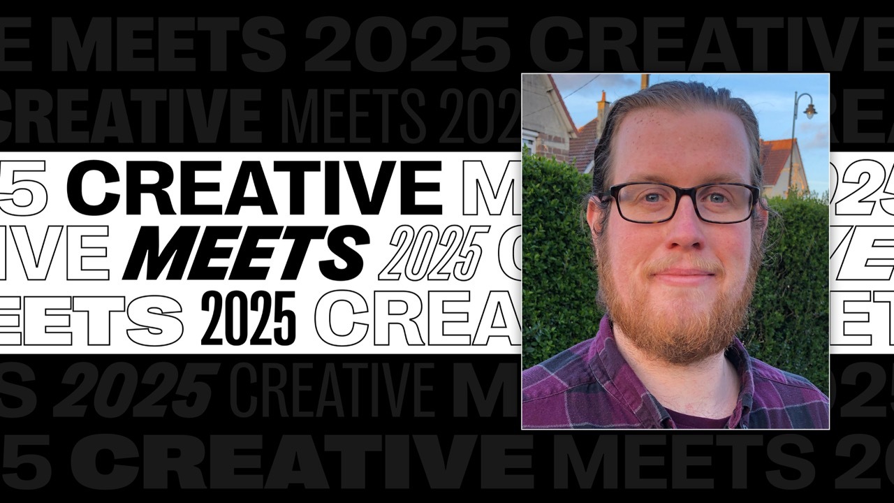 Creative Meets 2025 banner with bold text in black and white, image on the right of Sam Day.