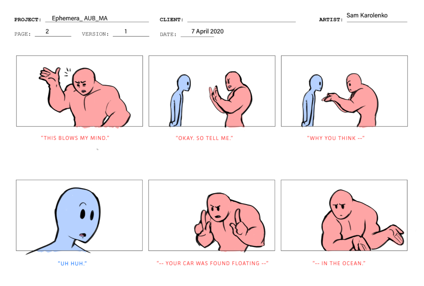 Animation storyboard of a blue and red muscular character.
