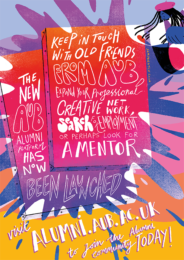 Illustrated card: Keep in touch with old friends from AUB, expand your professional creative network. Search for employment or perhaps look for a mentor.