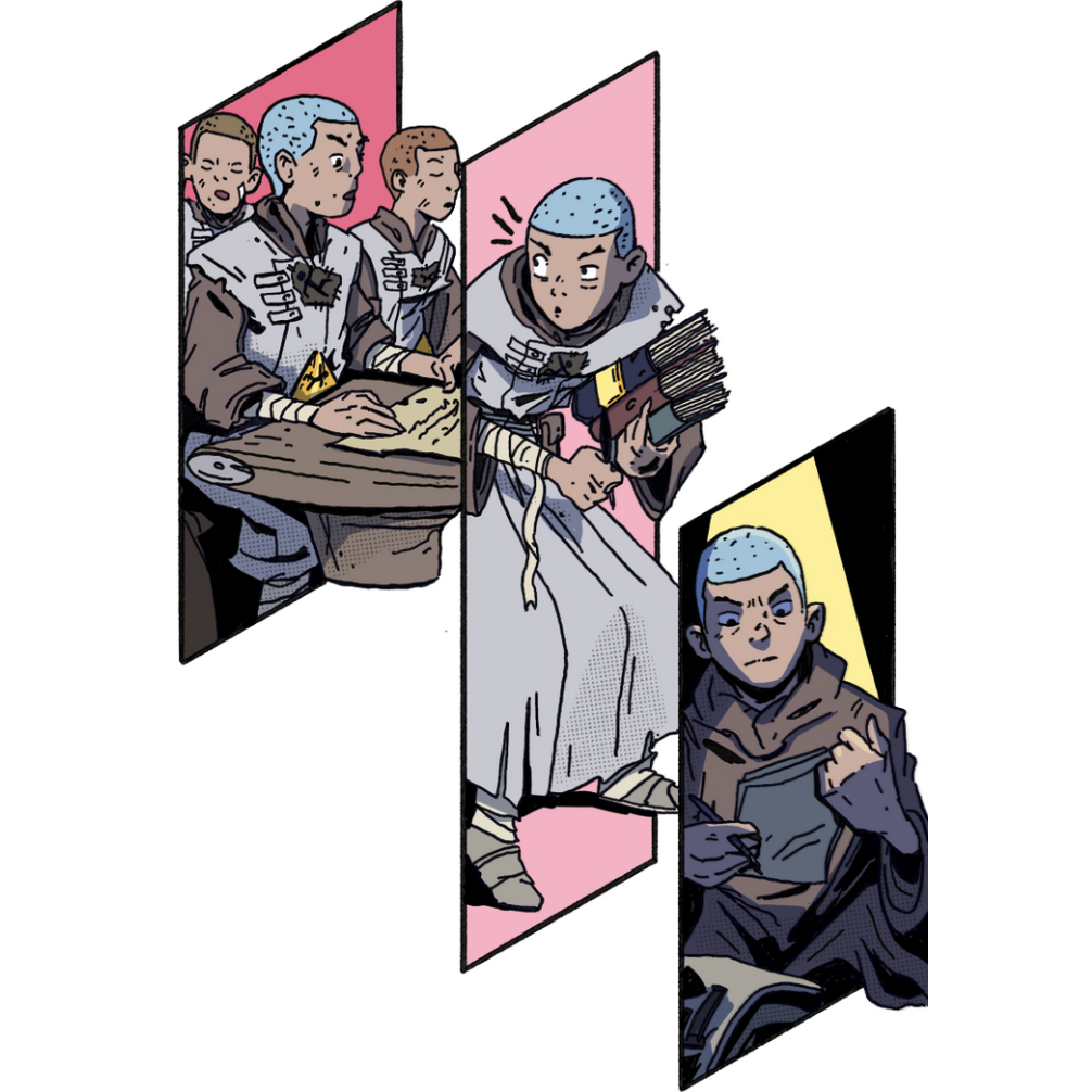 Three panels showing warrior monk characters drawn in a manga illustration style