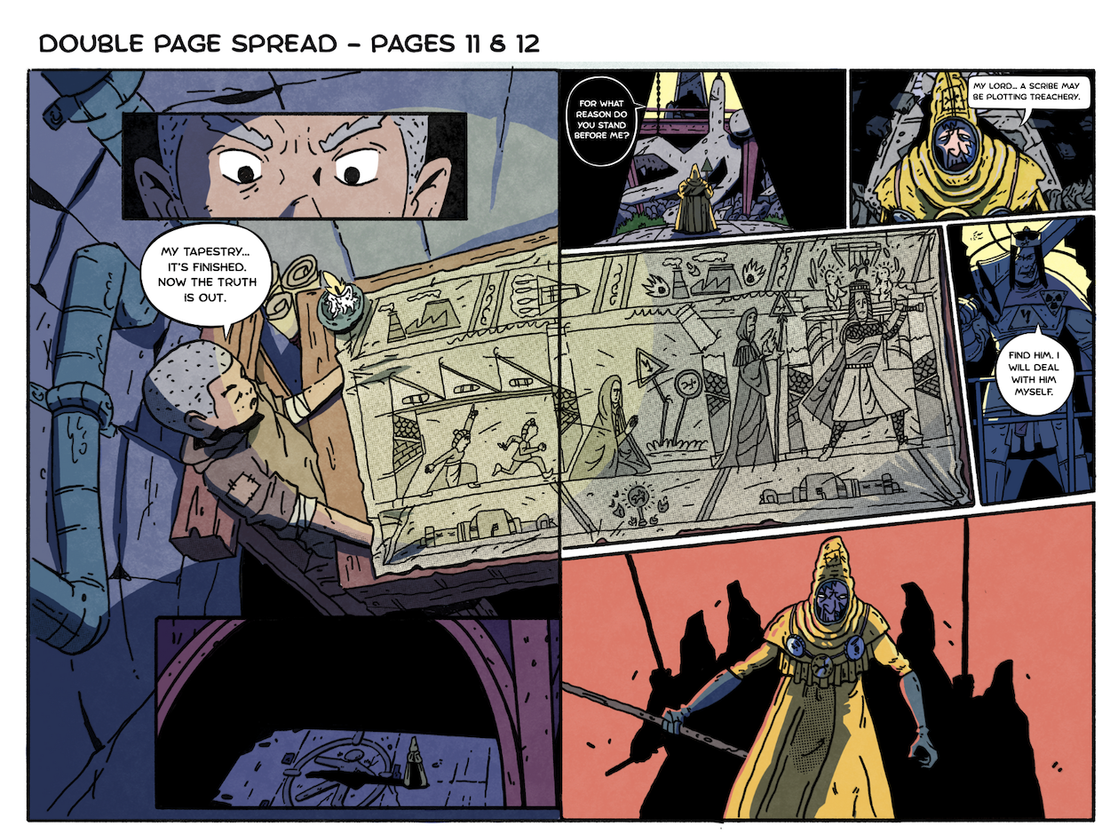 A double-page comic spread featuring two panels. The left panel shows a character with an intense expression, holding artwork depicting various figures and symbols. The right panel depicts a yellow-robed figure with a hood, standing with a staff, facing another character.
