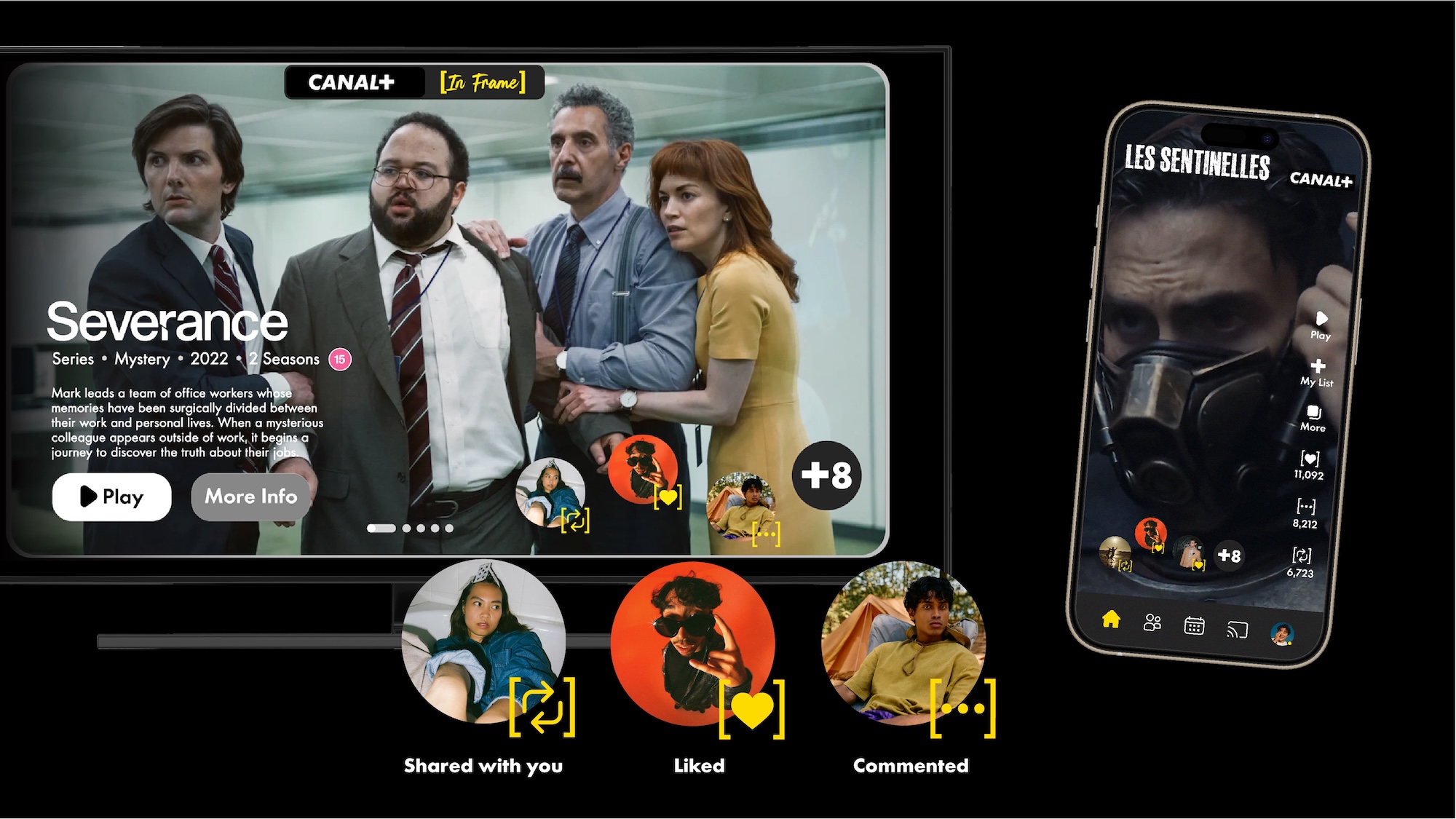 A streaming app interface on a dark background shows the series Severance on a tablet and Les Sentinelles on a phone, with shared, liked and commented content icons below.