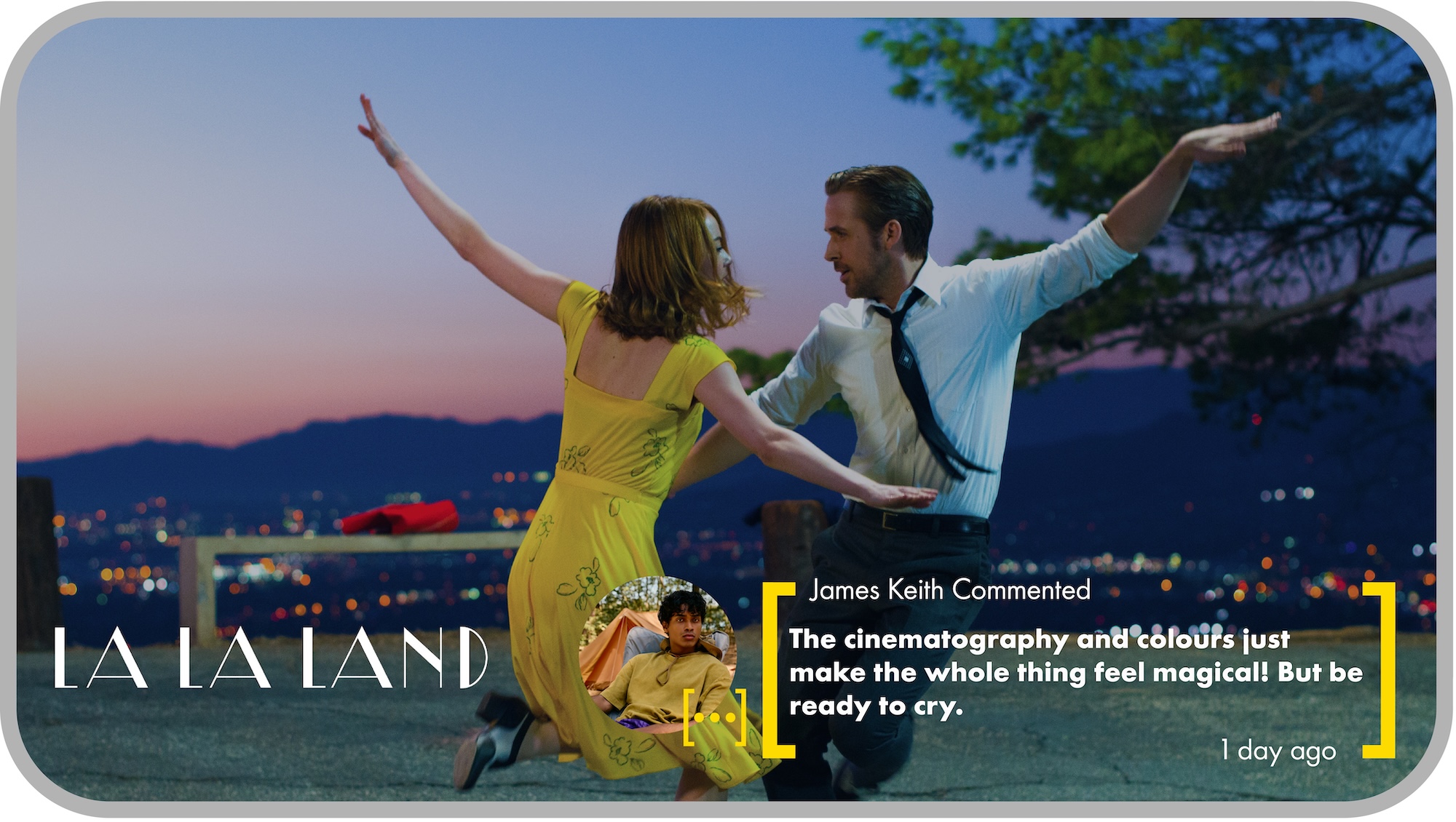 Two dancers in yellow and white costumes hold outstretched arms in a cityscape at dusk, with the title La La Land and a James Keith comment overlaid at the bottom.