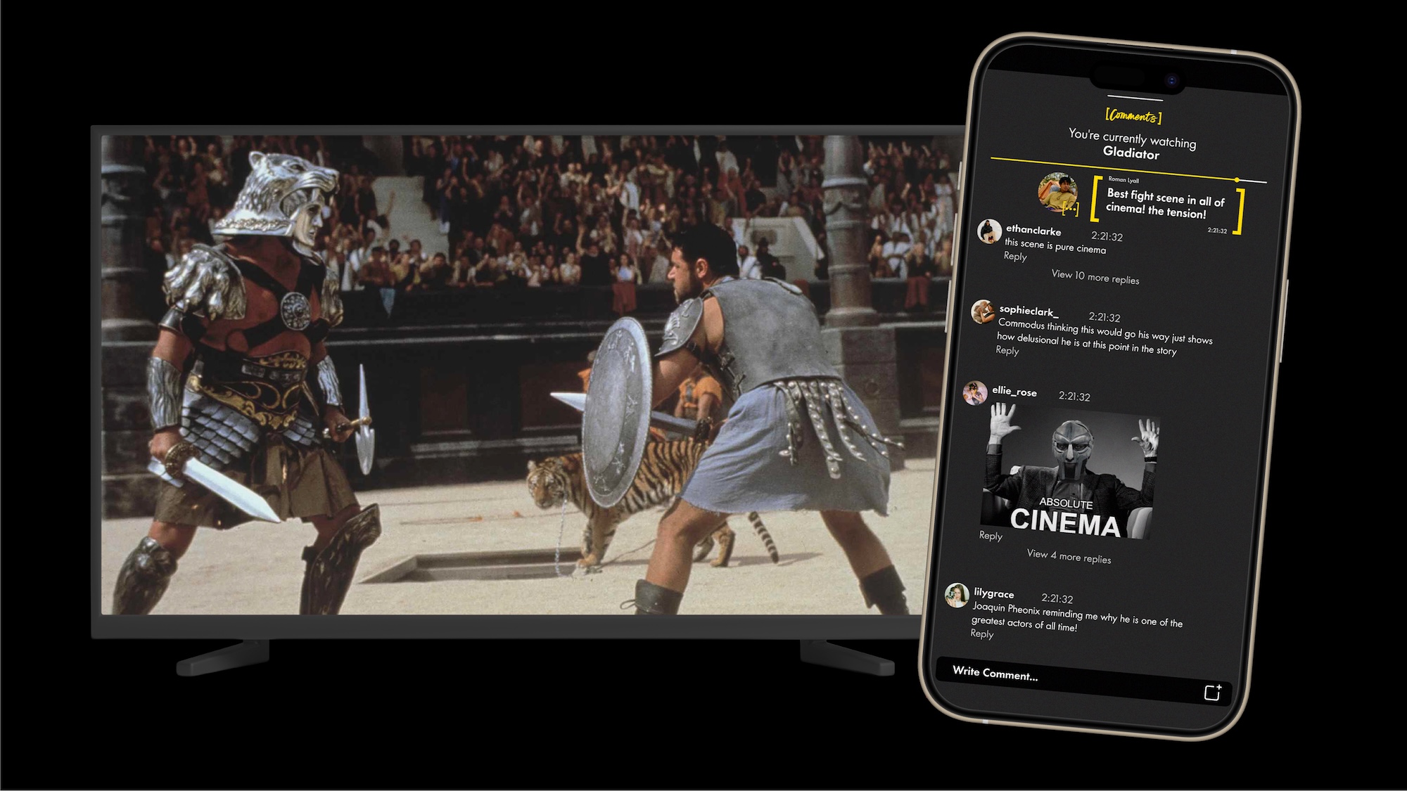 A television displays a gladiator fight scene, with a smartphone in front showing a dark social media feed about the same video.