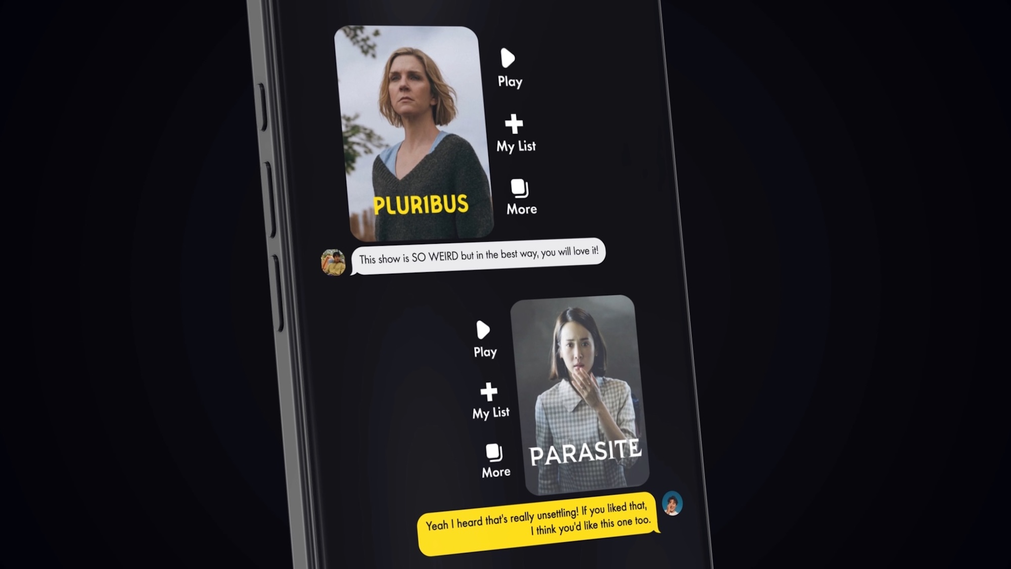 A smartphone screen shows a streaming app interface with two film posters, "PLURIBUS" and "PARASITE", alongside Play, My List and More buttons.