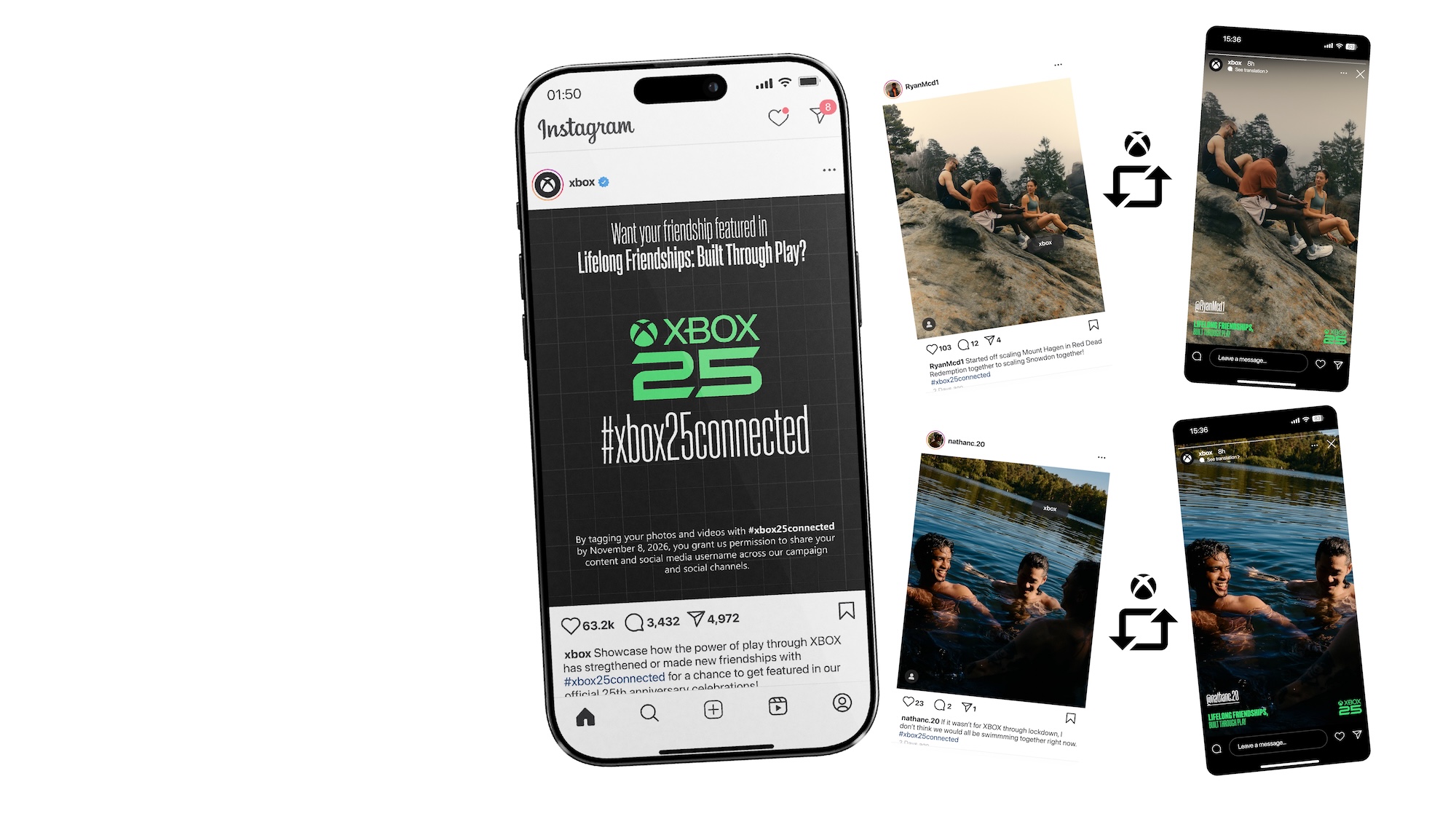 A smartphone displaying an Instagram post about Xbox 25 and #Xbox25connected, alongside smaller social media images showing people outdoors by water and on a rocky slope.