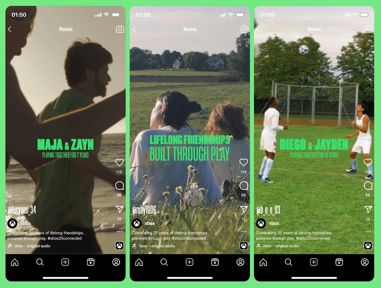 A three-panel Instagram Reels collage shows young people playing and posing outdoors, including two people facing each other on a sports field with large green text overlaid.