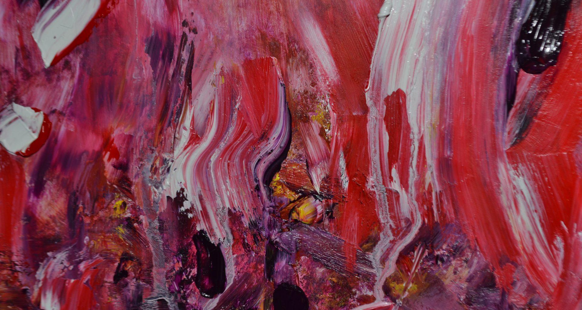 Oil painting made up of thick red, pink and white downward brushstrokes.