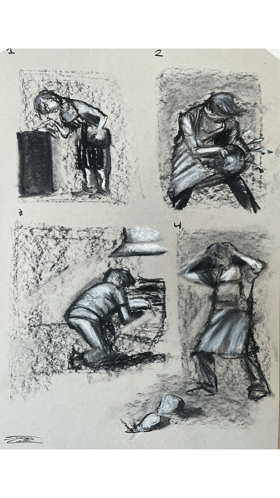 Four numbered charcoal sketches on cream paper showing seated and bent figures in grey and black tones with loose, expressive strokes.