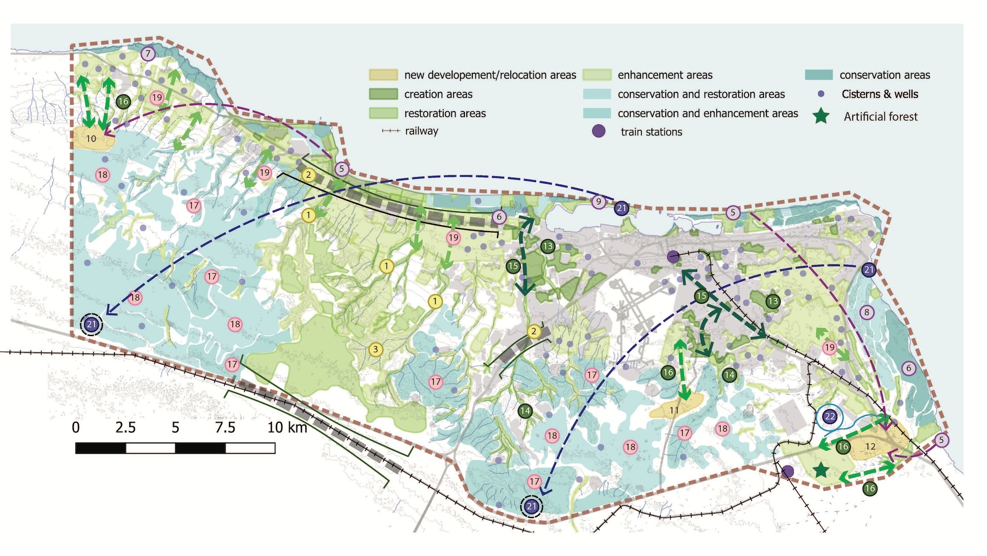 Bird's-eye view map of a nature reserve with points of interest, colour-coded areas and lines showing train stations.