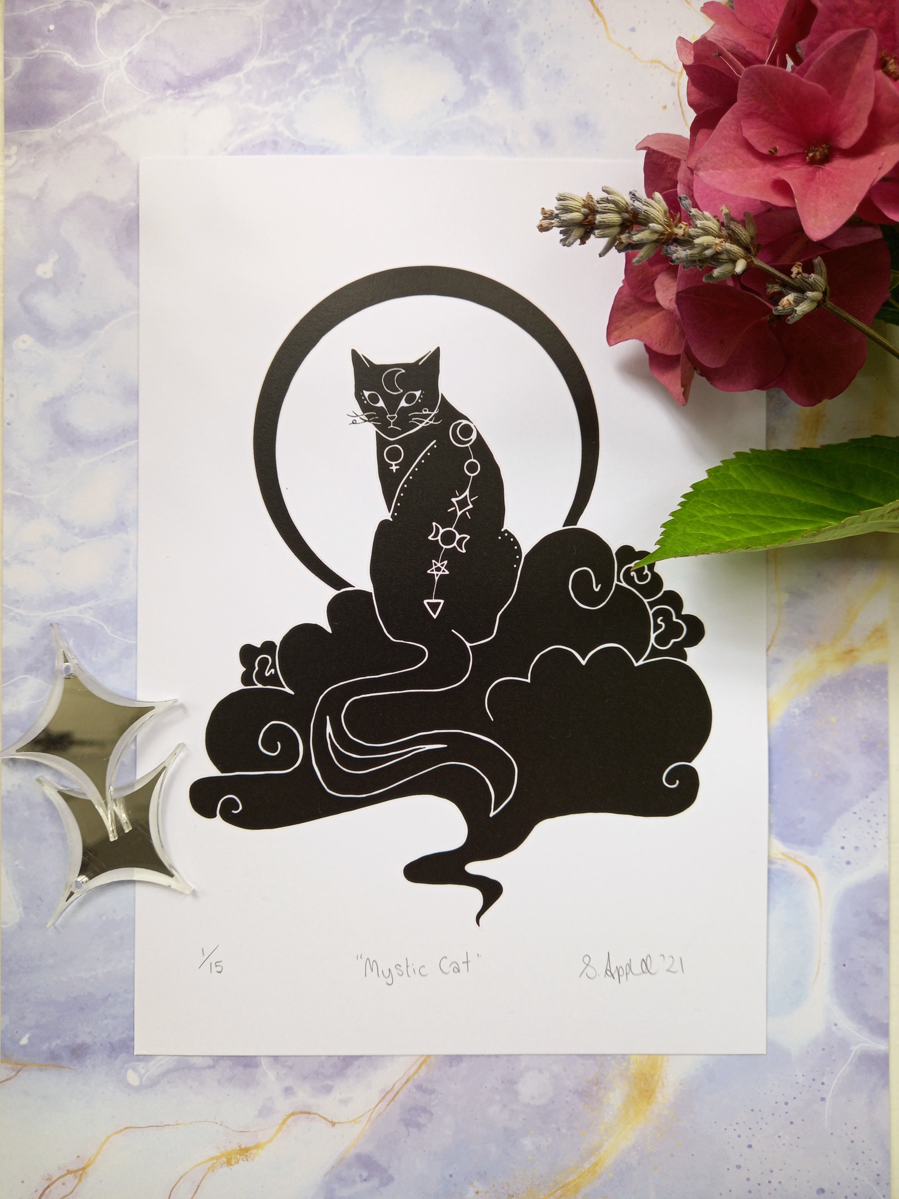Illustration or a Mystic Cat, printed on A5 Paper