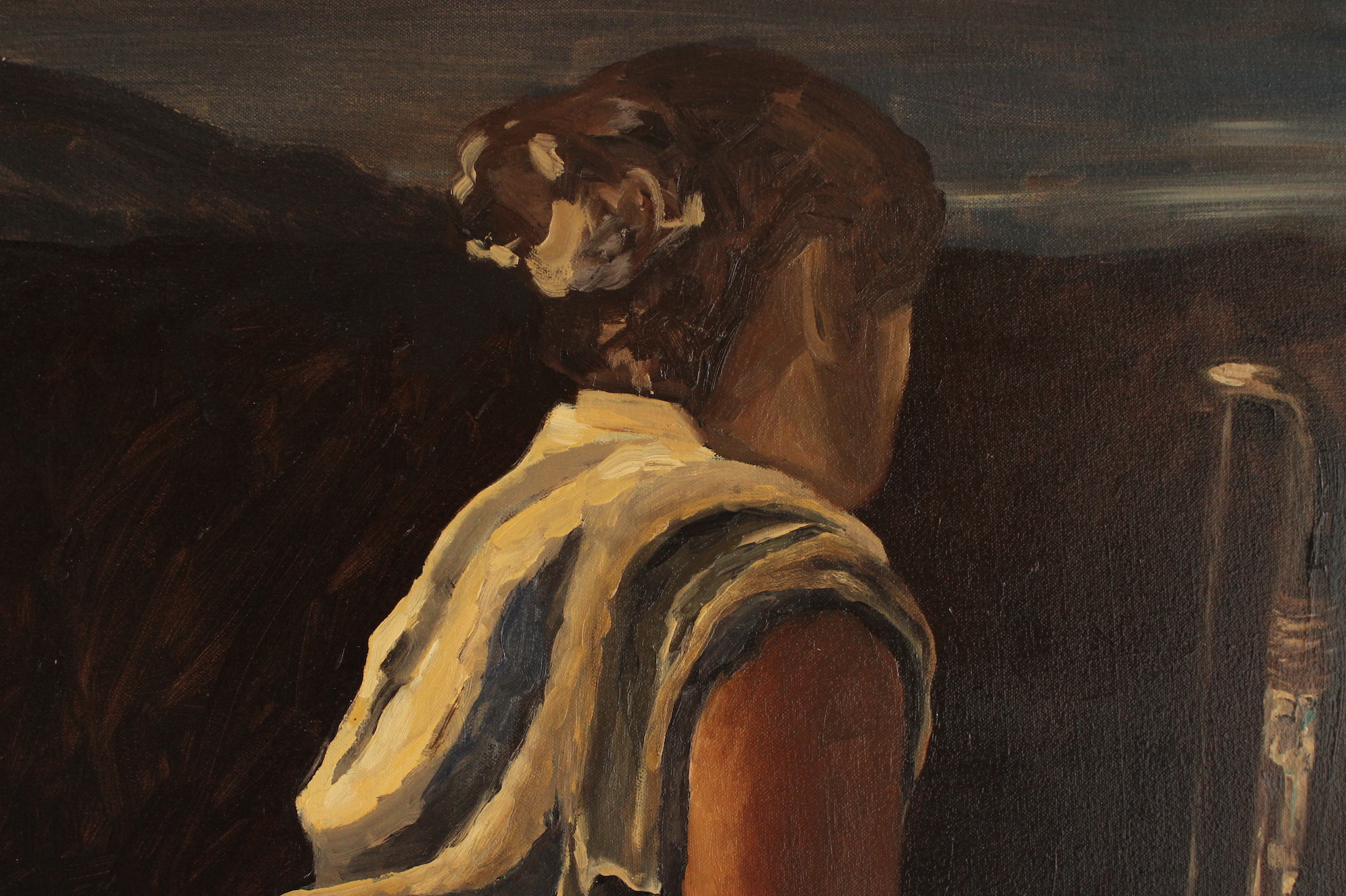 Oil painting of a woman viewed from the waist up, dressed in white or grey, facing away from the viewer.