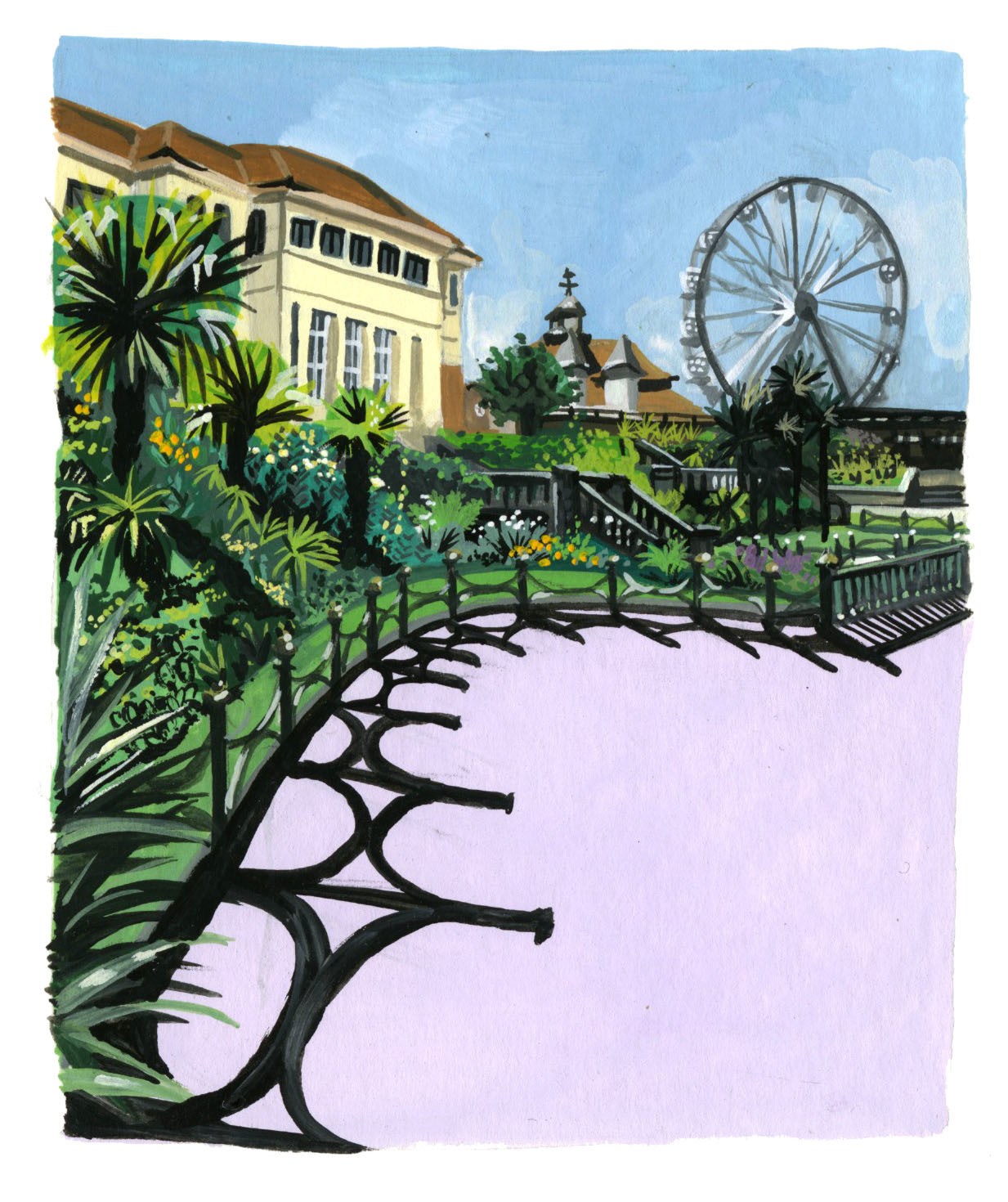 Illustration of Bournemouth gardens, with greenery, palm trees and a corner of the Pavilion Theatre on the left. A ferris wheel and the top of a pier is also visible in the background.