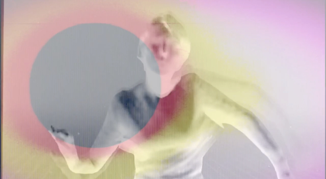 Abstract art with a white, blurry figure and red/yellow circle overlapped.