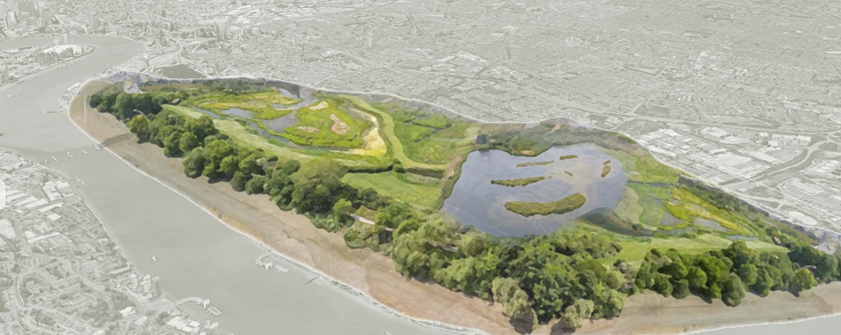 Architectural illustration of a large green area with bodies of water, bordering one side of a river. The land around it is greyed out.