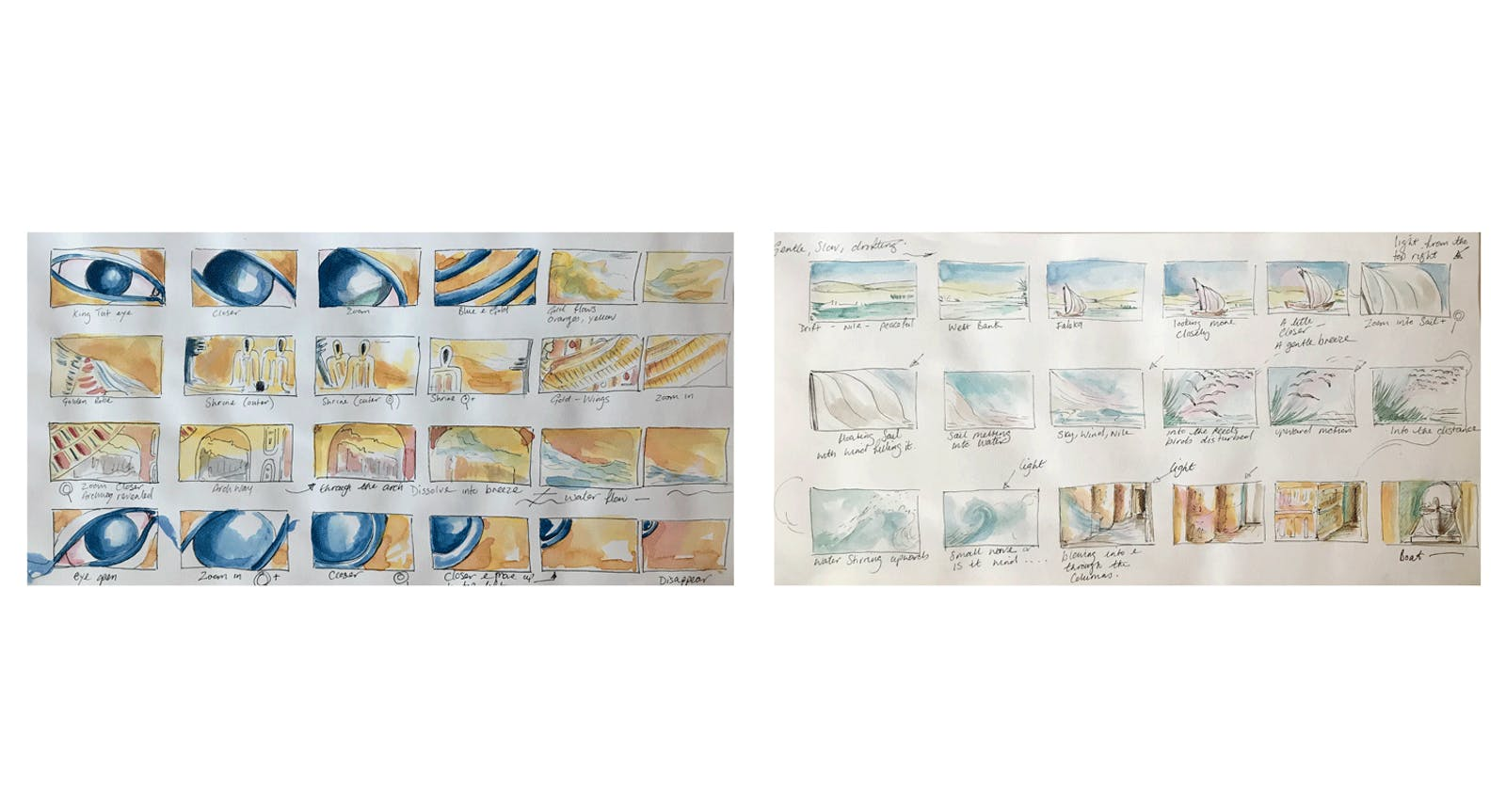 Two pages of a storyboard with handwritten annotations. Left-hand page has four rows with six images; right-hand page has three rows with six images.