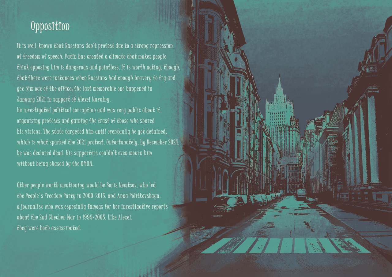 A teal-toned poster titled 'Opposition' with several paragraphs of white text on the left, and a stylised view of a narrow European street with tall buildings on the right.