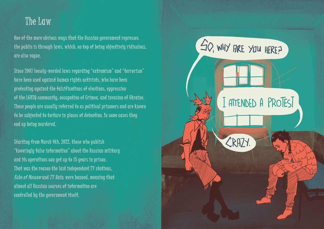 An illustrated protest scene shows two people in a room with a window, one standing and one seated, with speech bubbles reading “SO, WHY ARE YOU HERE?”, “I ATTENDED A PROTEST” and “CRAZY”. The left side contains a block of text headed “The Law”.