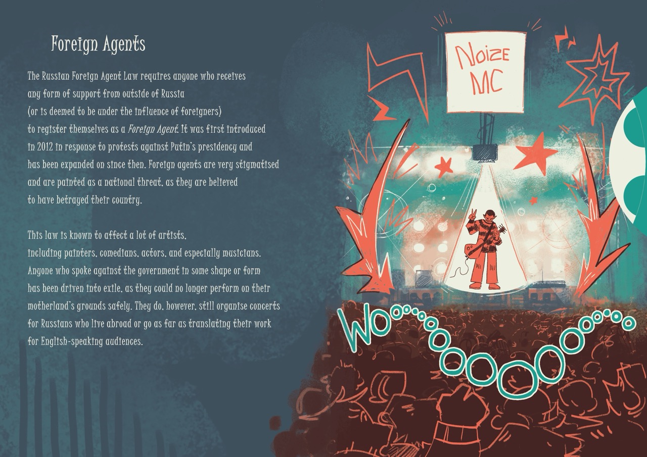 An illustrated concert scene shows a performer on stage beneath a hand-drawn “Noize MC” sign, with a cheering crowd in the foreground and explanatory text about Foreign Agents on the left.