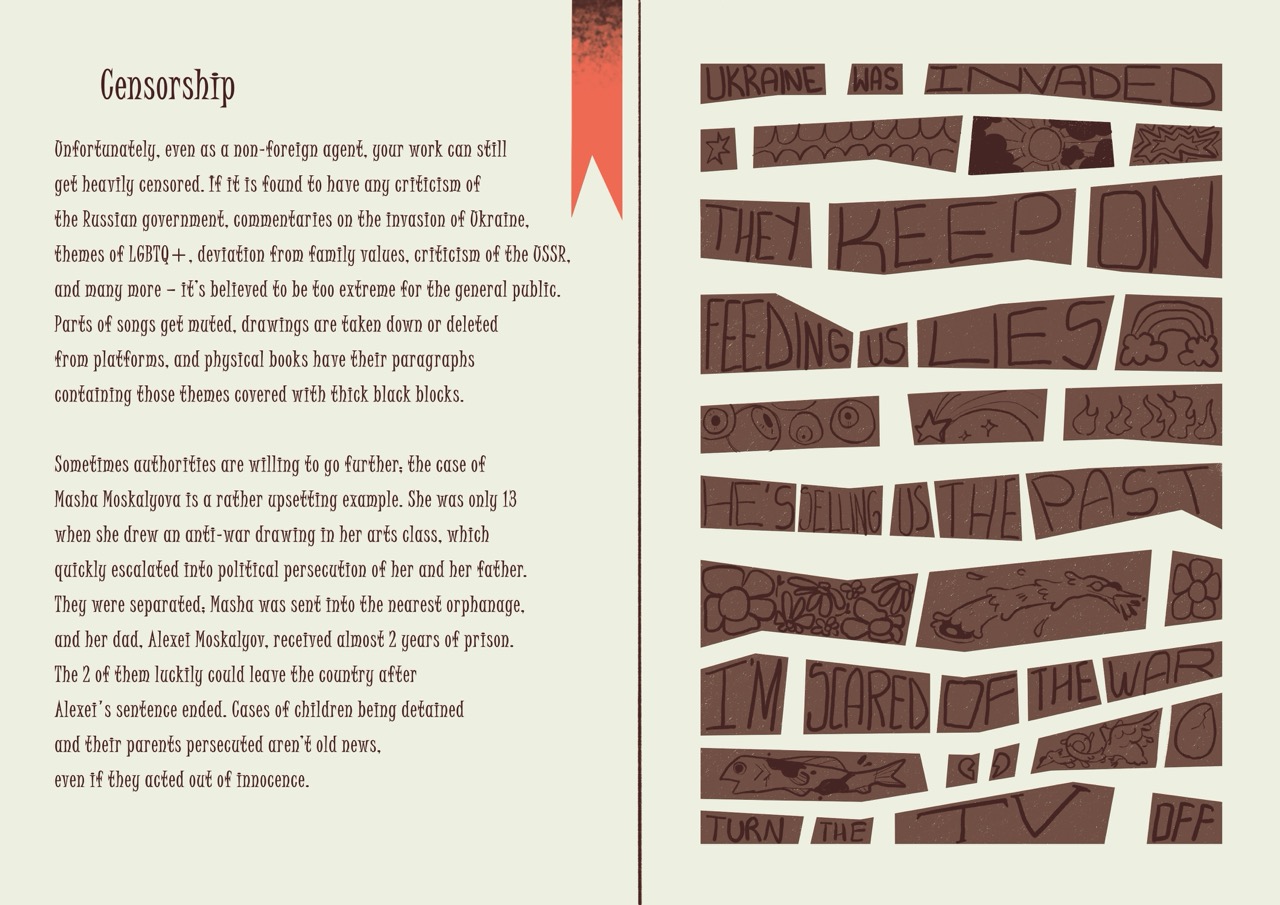 An open book shows a page of text titled “Censorship” on the left and a collage of brown torn strips on the right arranged to spell protest phrases on a pale background.