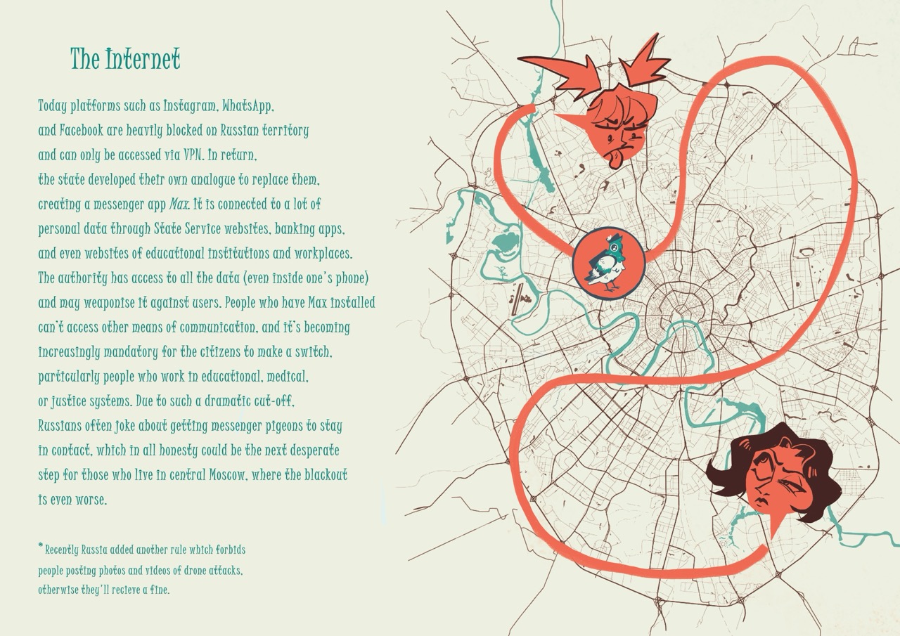 An illustrated map with red and turquoise lines, showing three red masked faces marked with circles, beside a column titled 'The Internet'.