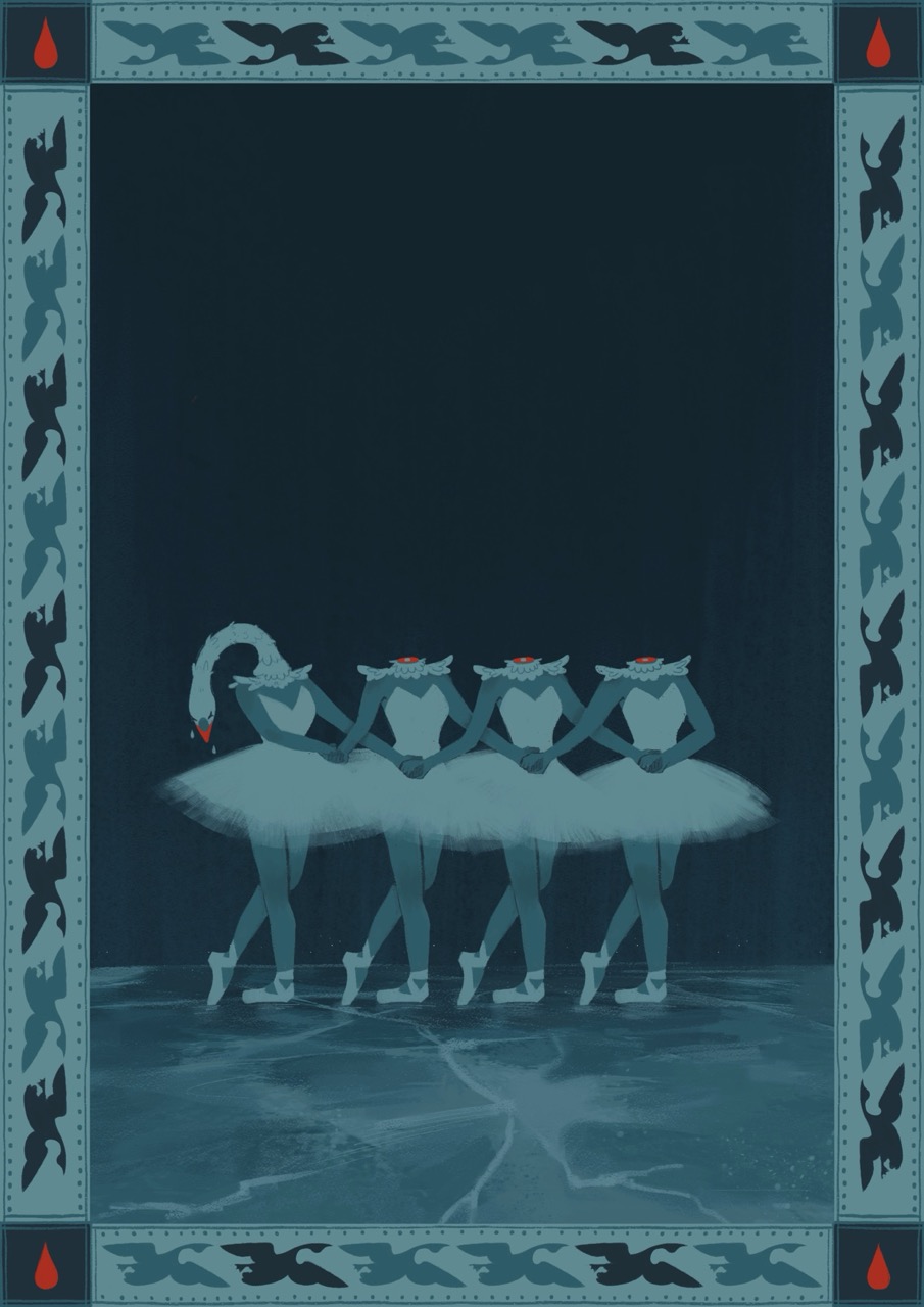 A stylised illustration of four dancers in blue costumes standing on a pale cloud-like platform, framed by a decorative border with bird motifs and red teardrop shapes.