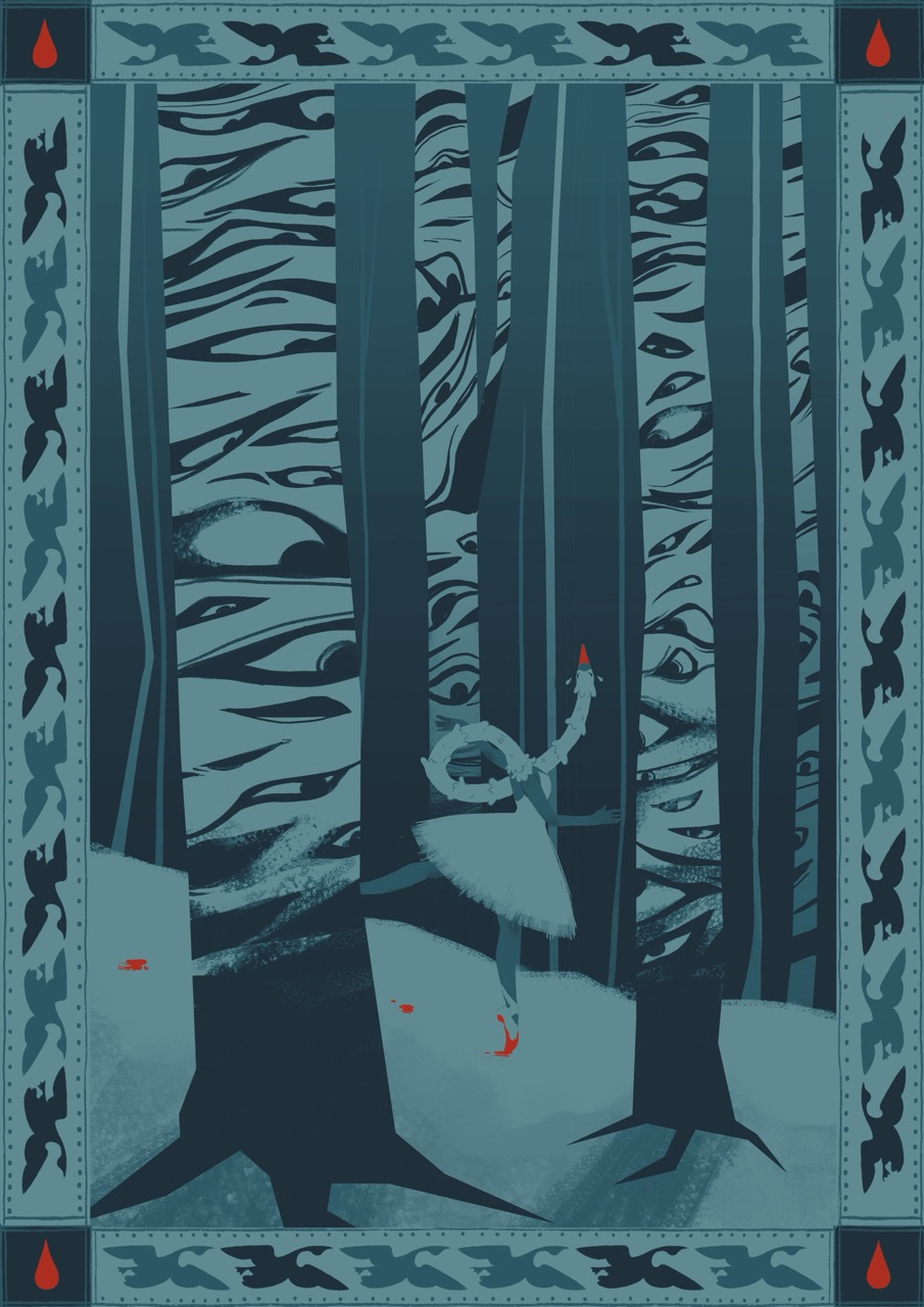 A stylised illustration of a white bird standing on angular rock shapes among tall dark trees, framed by a patterned border with small red droplets in the corners.
