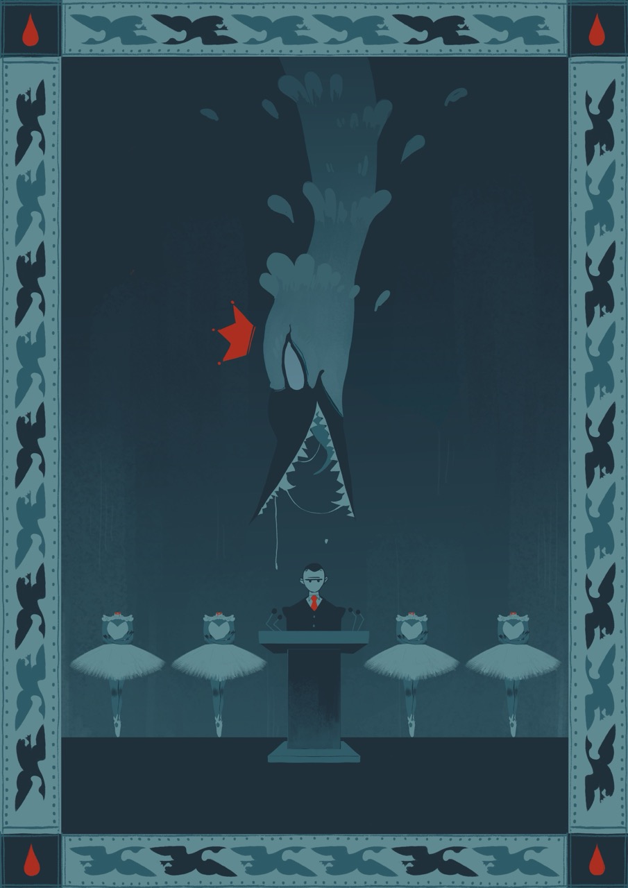 A stylised poster shows a man standing at a podium beneath a towering hand shape, framed by decorative bird borders and four seated figures below.