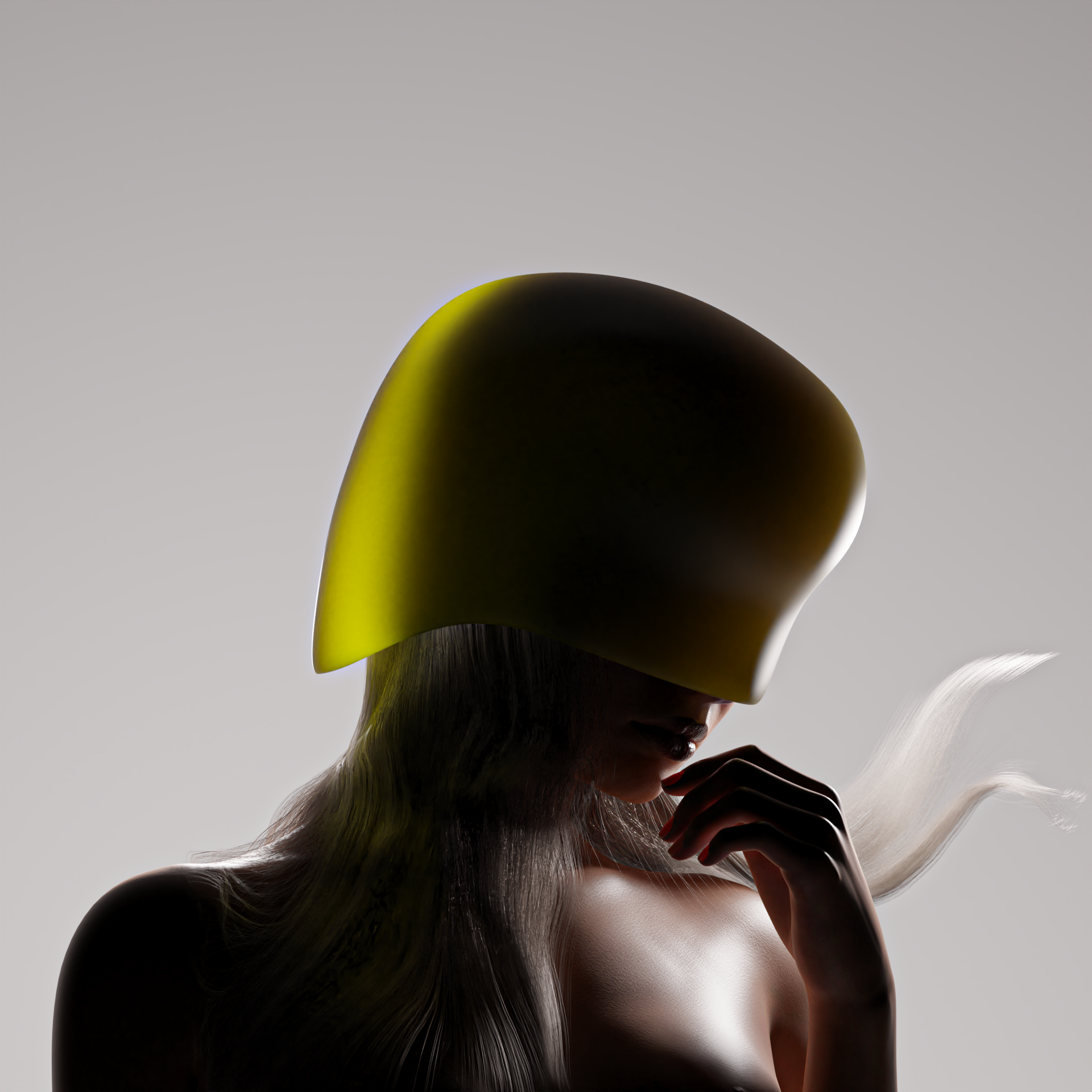 Close-up of a digital model showing above the chest, wearing a yellow mask that covers the top half of their face.