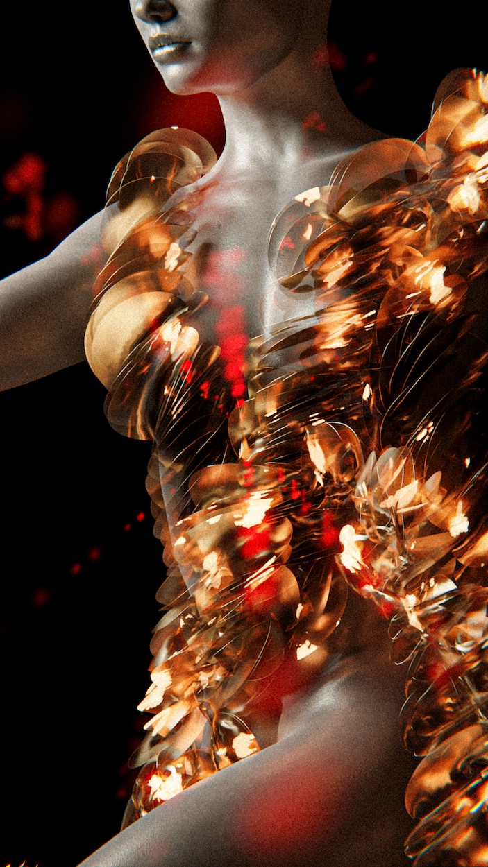 A digital model viewed wearing a gold scale-like garment which appears distorted, reflecting red light in all directions.