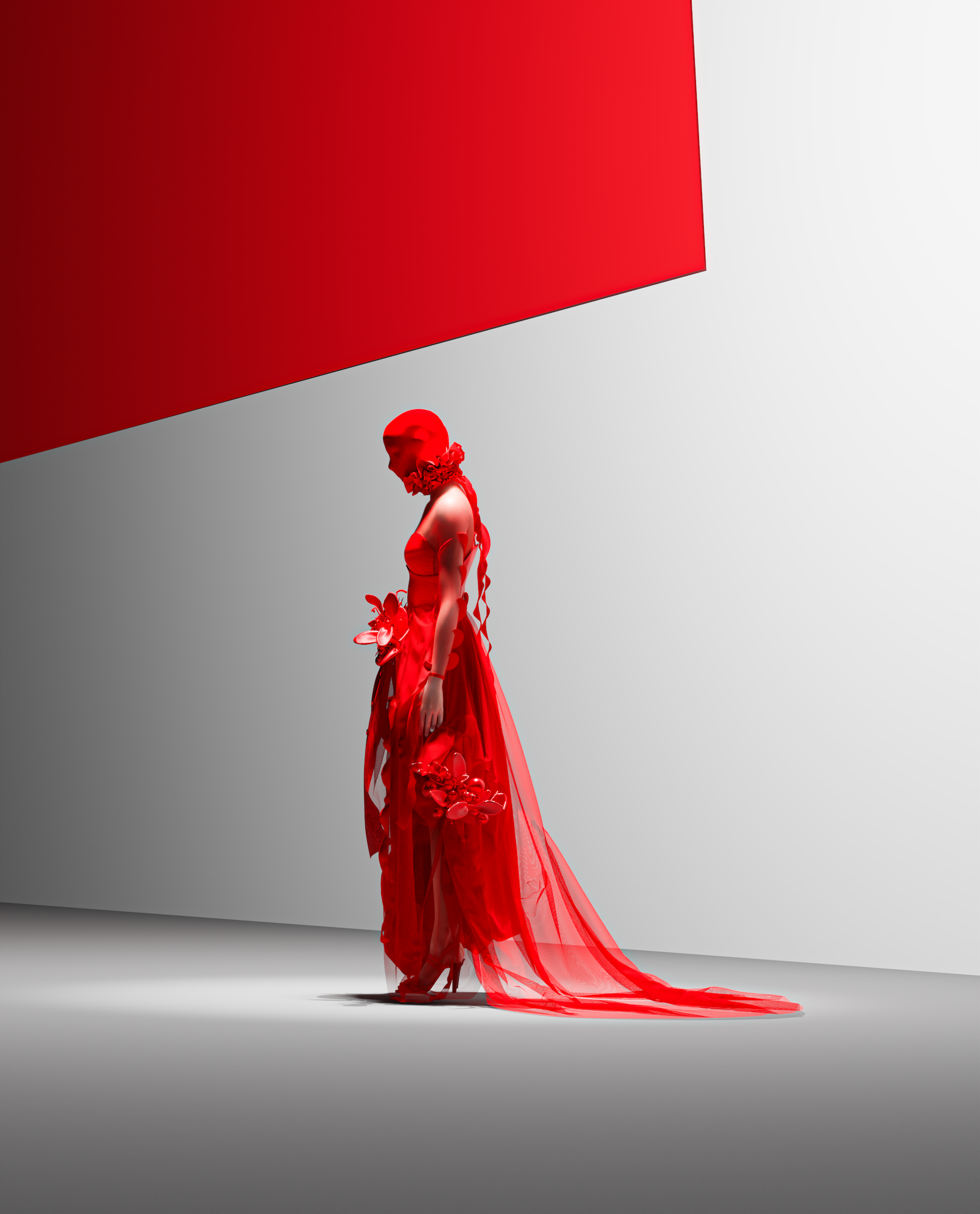 A digital model, facing to the left, wearing a primarily red dress and mask covering their entire face.