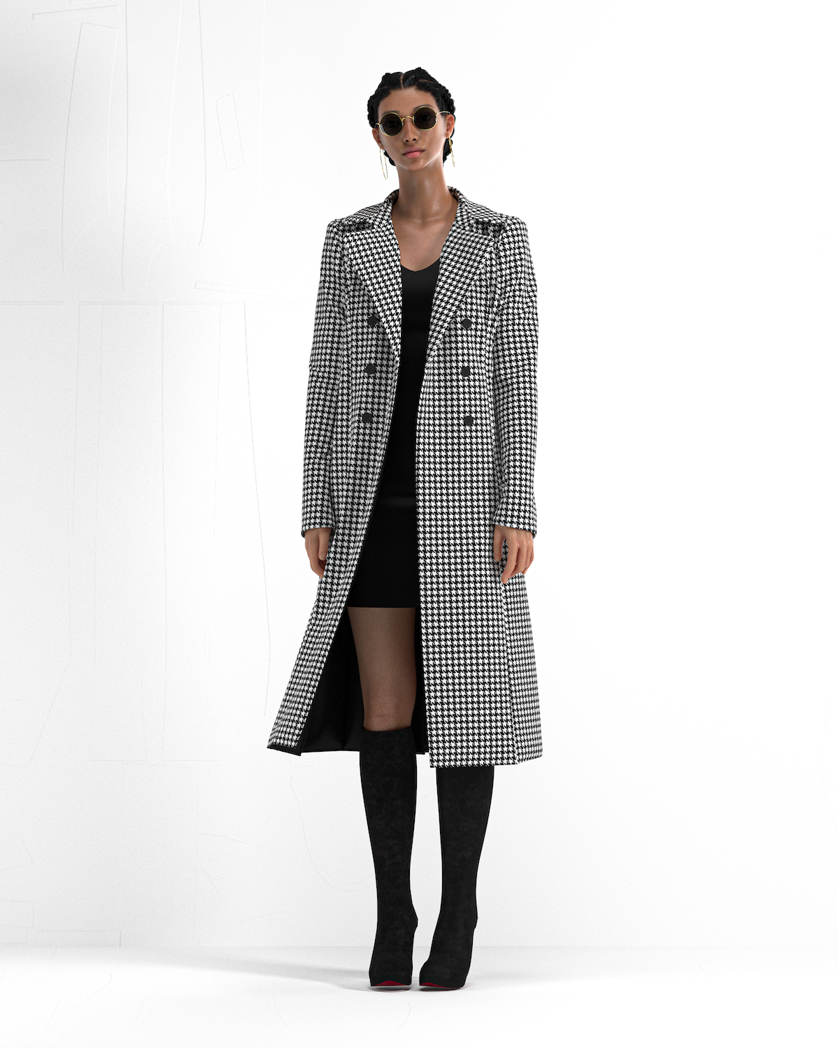 Digital model wearing a long black and white herringbone coat, black knee-high boots and sunglasses.