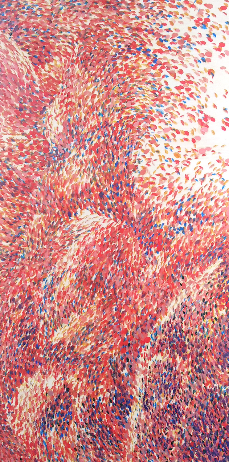 Abstract artwork made up primarily of red dots with some scattered series of blue.