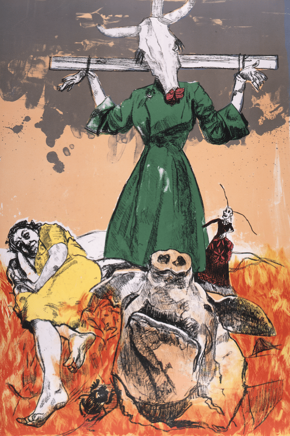 Abstract image showing a scarecrow with a cow's head and human hands, a person lying down and a pig's head looking upwards.