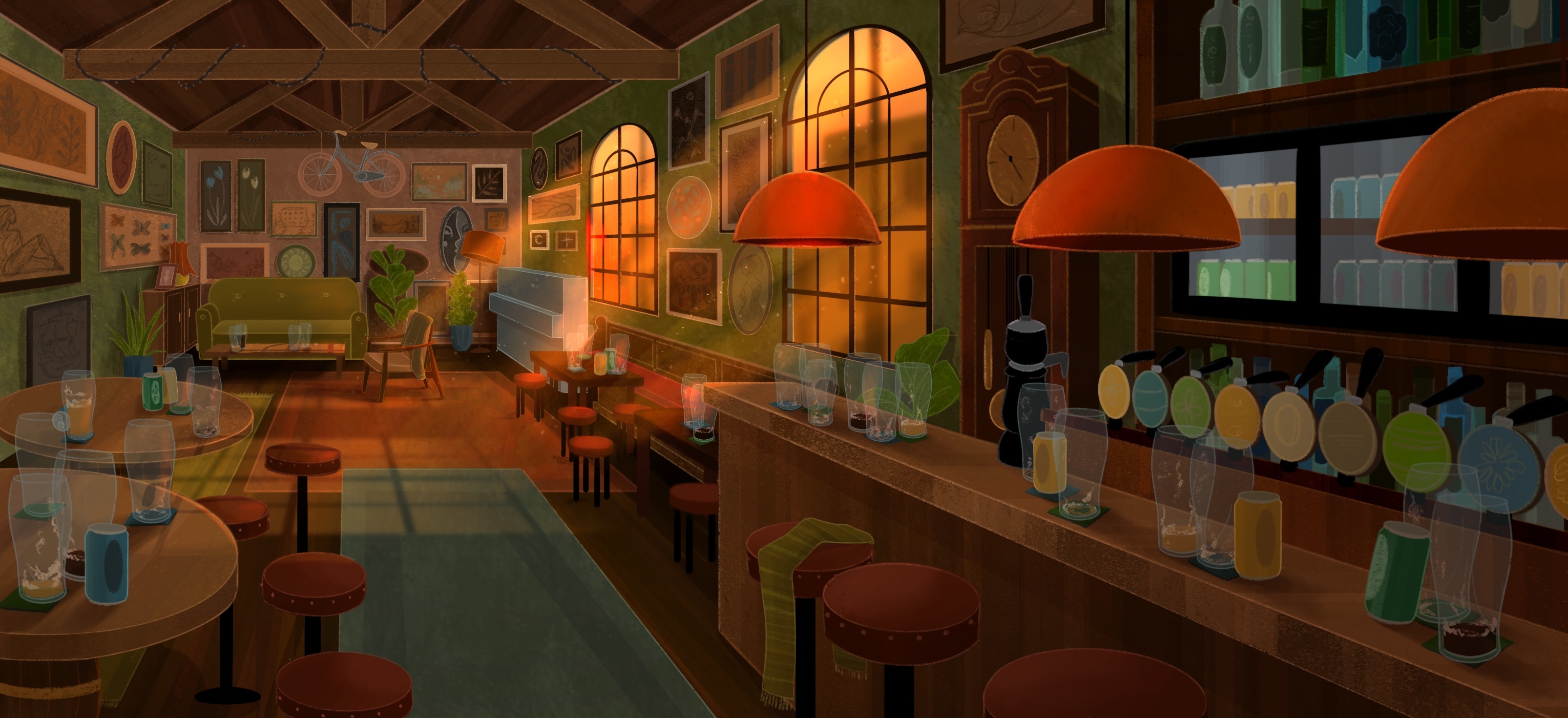 Illustration of an empty pub room with bars and glasses on the bar and sunlight shining in through the windows.
