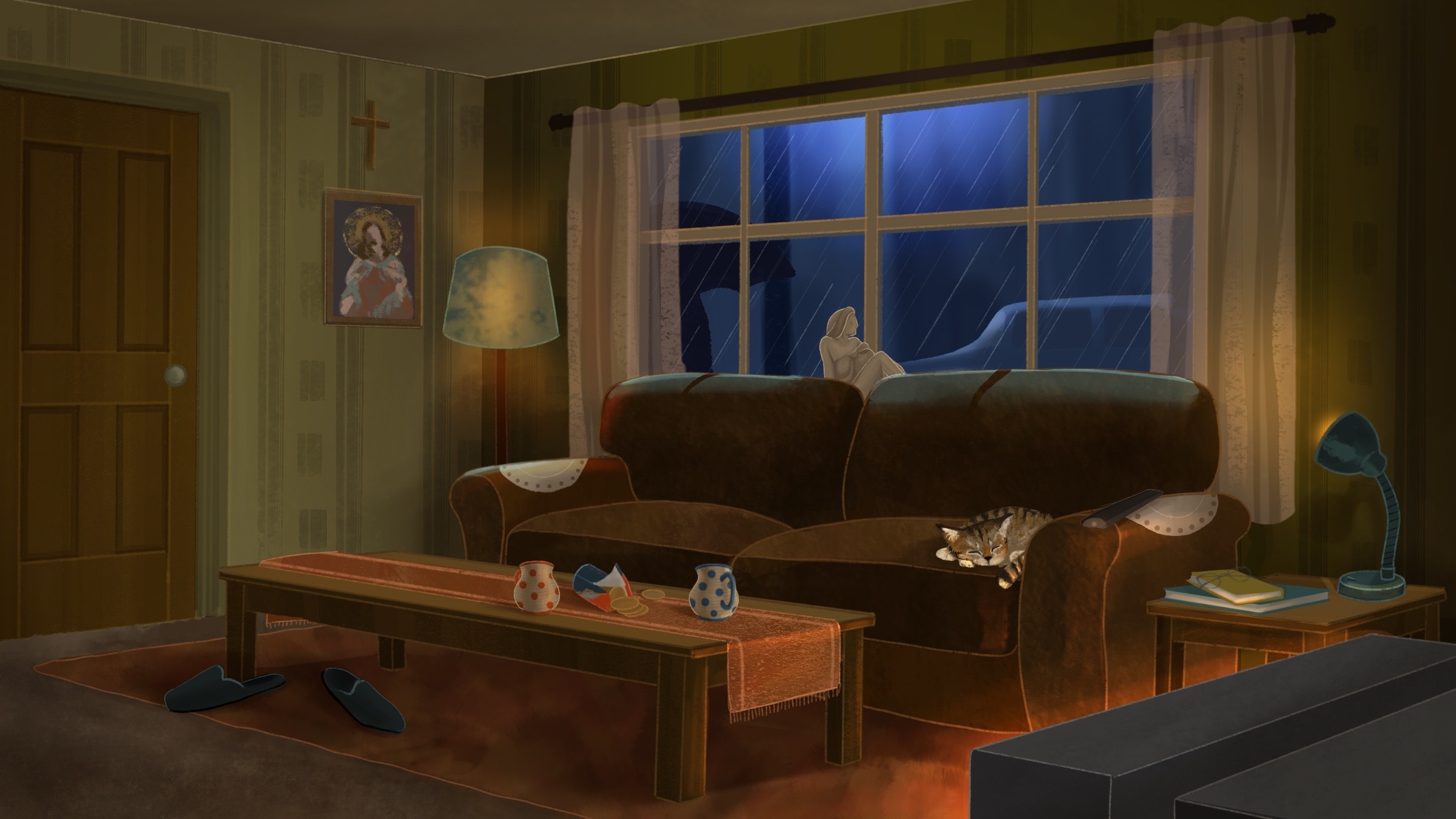 Illustration of a living room in the evening. A cat sleeps in the corner of a large brown sofa. A pair of slippers lie on the floor by the coffee table.