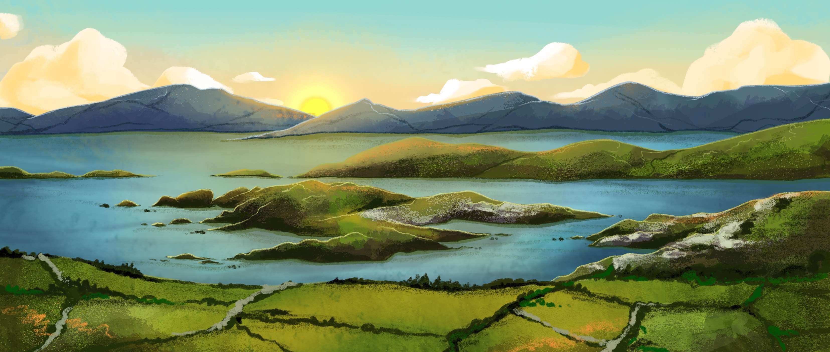 Illustration of an Irish countryside landscape with greenery and water in the foreground and the sun rising over hills in the distance.