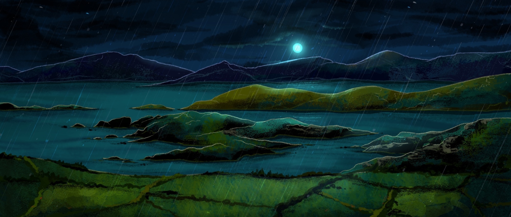Illustration of an Irish countryside landscape with greenery and water in the foreground and the moon shining over hills in the distance.