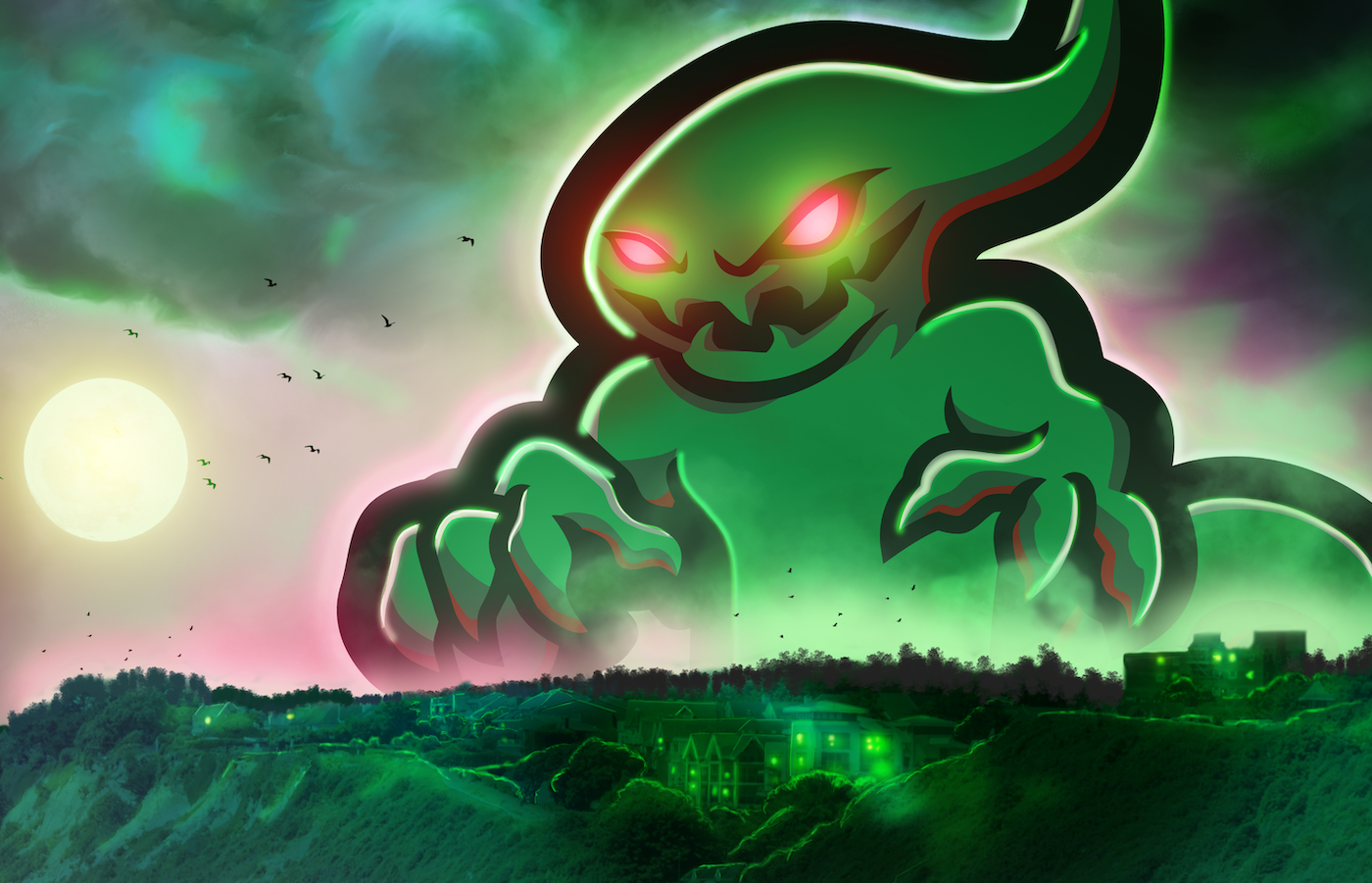 Illustration of an alien with glowing red eyes looming over buildings on Bournemouth's clifftops, with the sun setting in the background.