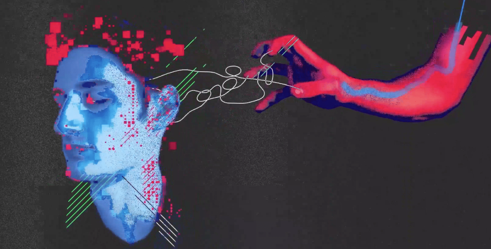 Graphic of a person's face and neck, looking away to the left, surrounded by coloured lines and squares. On the right, an arm and hand reaches towards the head.