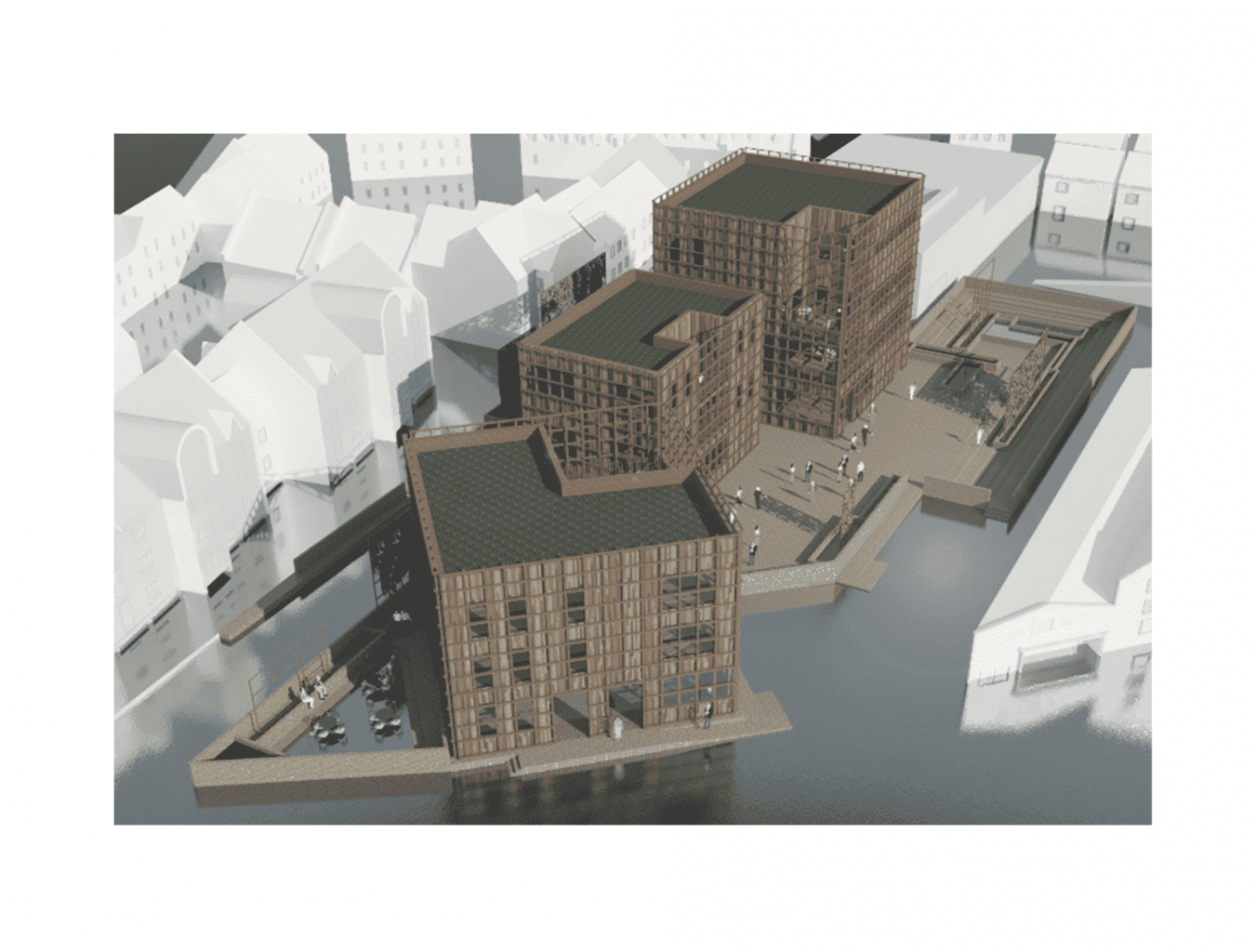 3D architectural rendering showing brown rectangular buildings near water, surrounded by white geometric structures in aerial view.