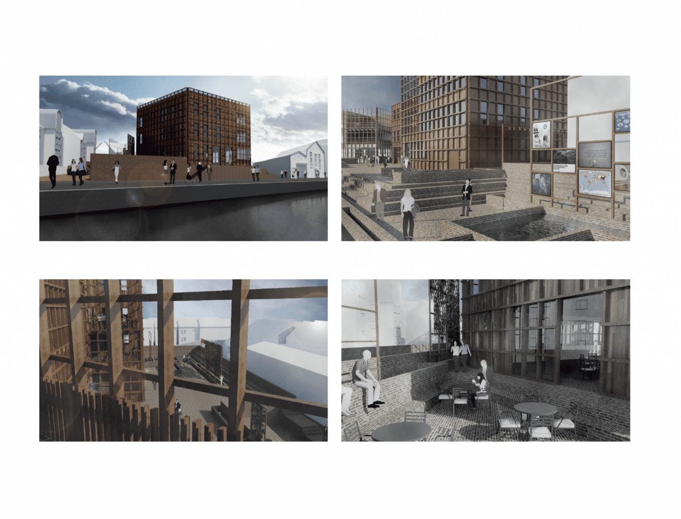 Four images of 3D modern architecture renders.