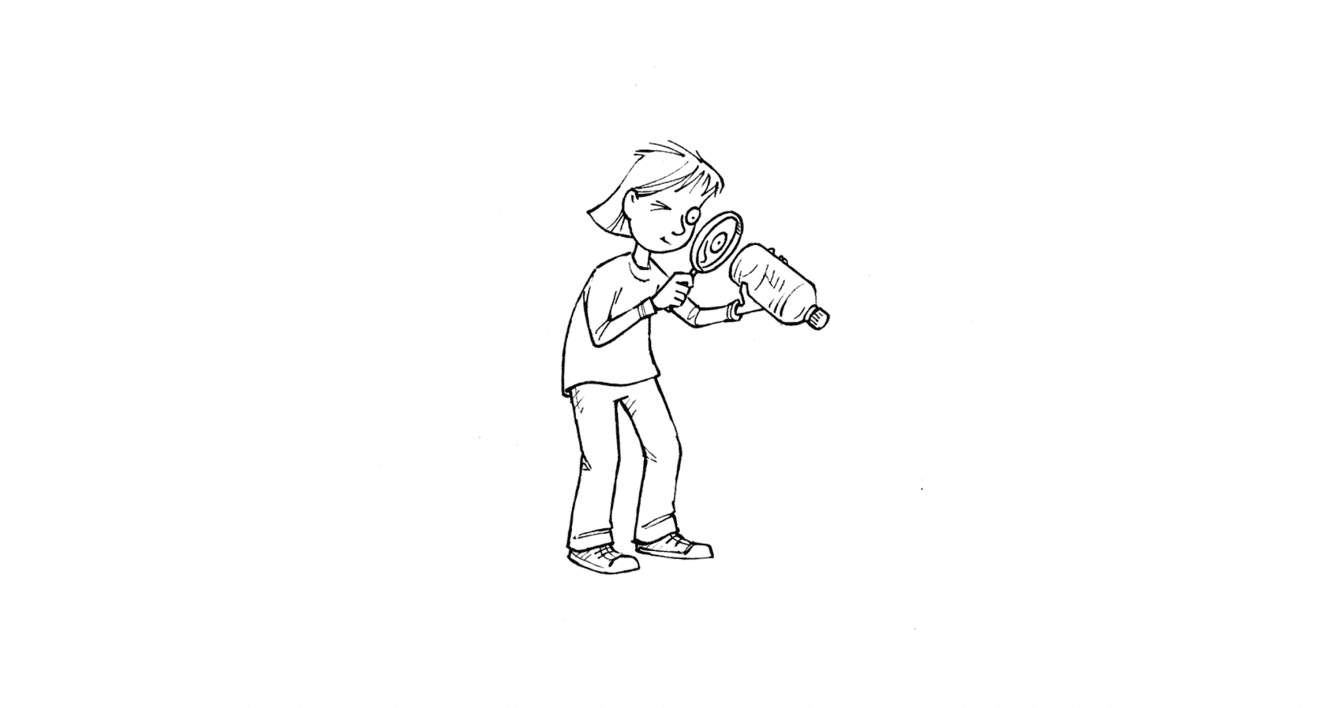 Illustration of a child looking through a magnifying glass at the bottom of a bottle.