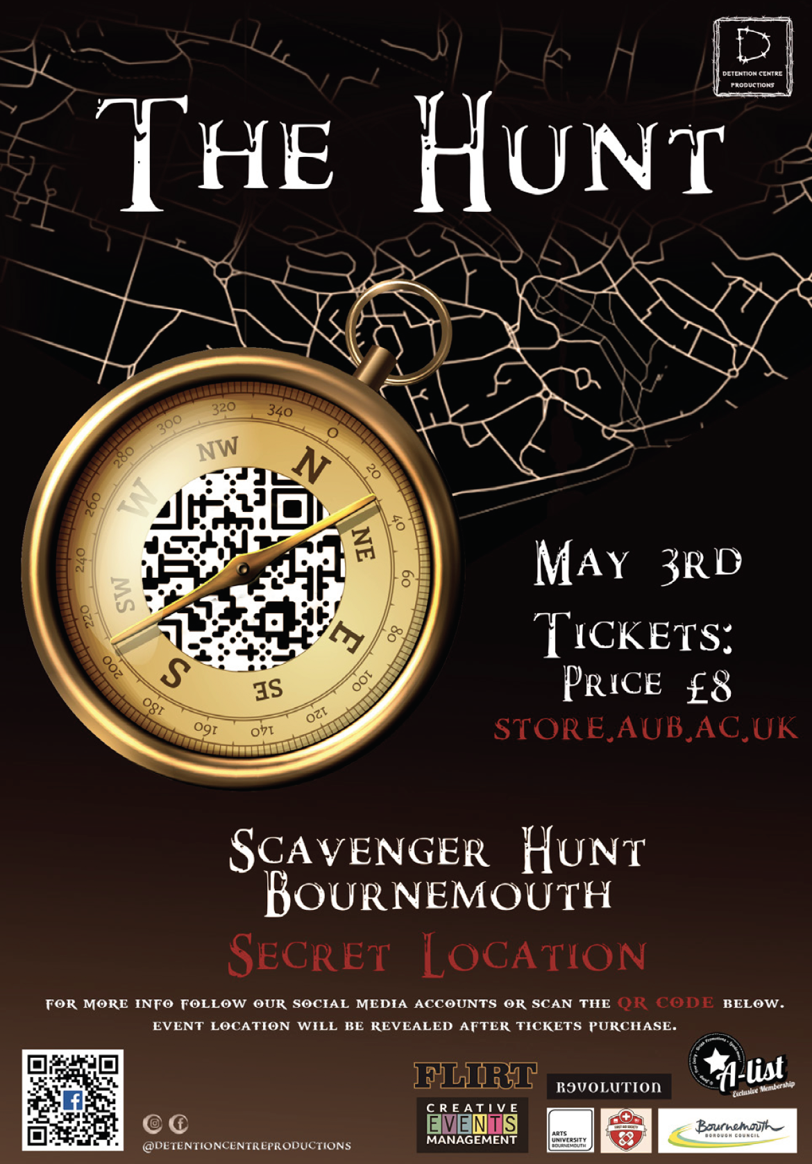 Poster showing a map and a compass with a QR code in it. The text 'The Hunt' appears along the top.