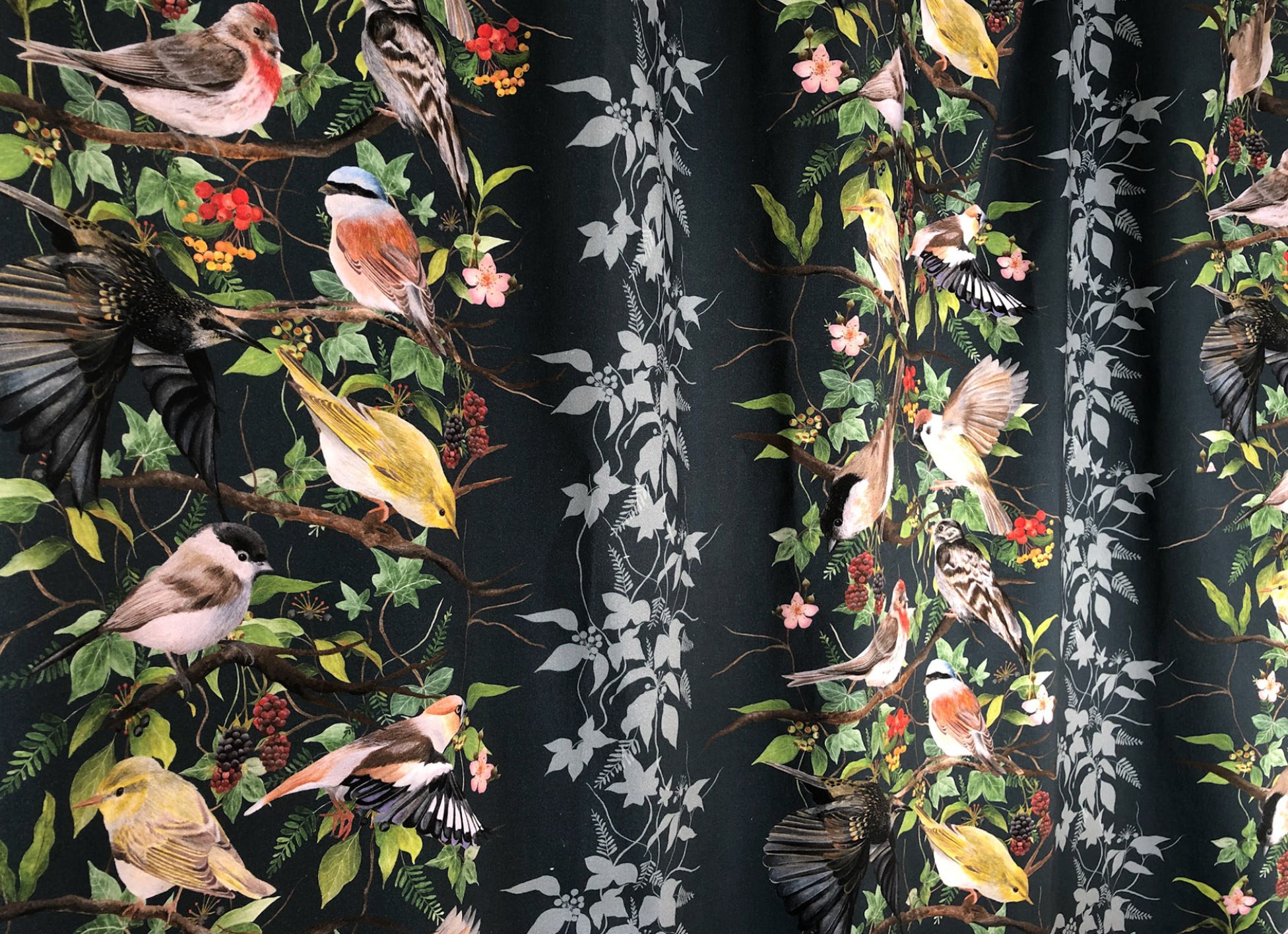 A textile pattern showing different species of birds perching and flying around the branches of a tree.