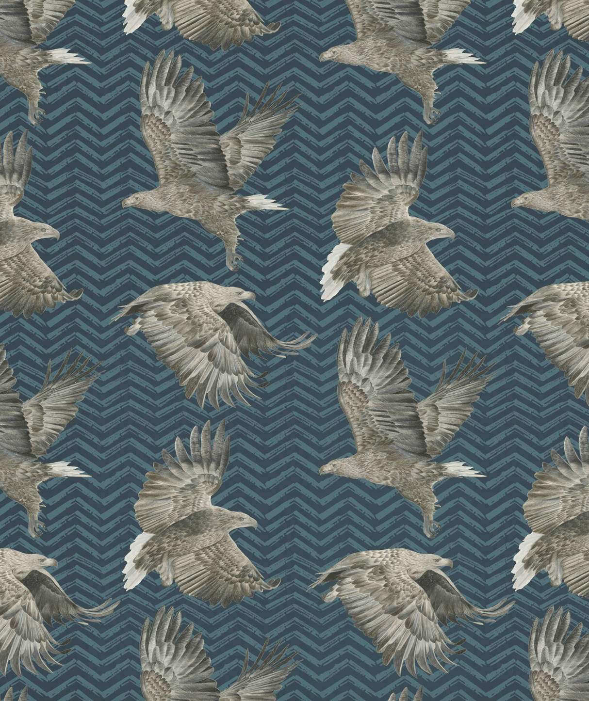 Wallpaper design patterned with images of an eagle in various stages of flight.