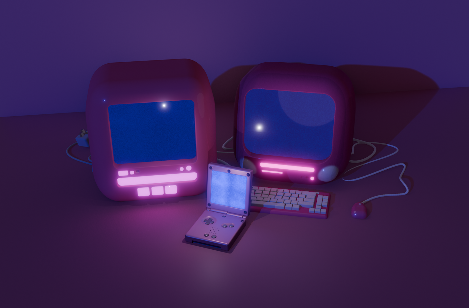 Two retro CRT monitors displaying blue screens in purple-tinted lighting, with keyboards and computer equipment on dark surface.